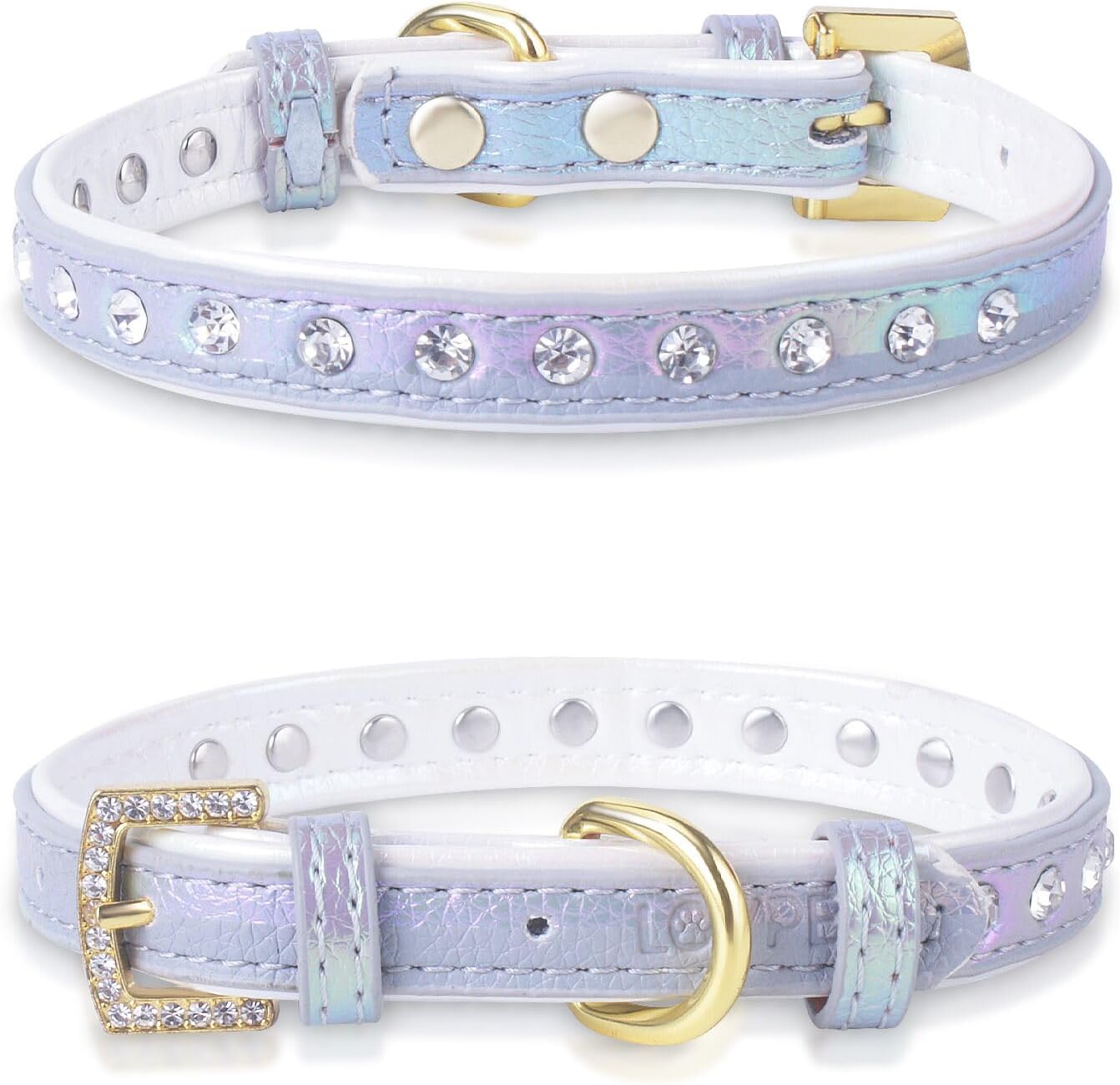 LOVPE Collar para perro de cuero brillante con diamantes de imitación tachonados, accesorio glamoroso de hebilla dorada para perros pequeños a