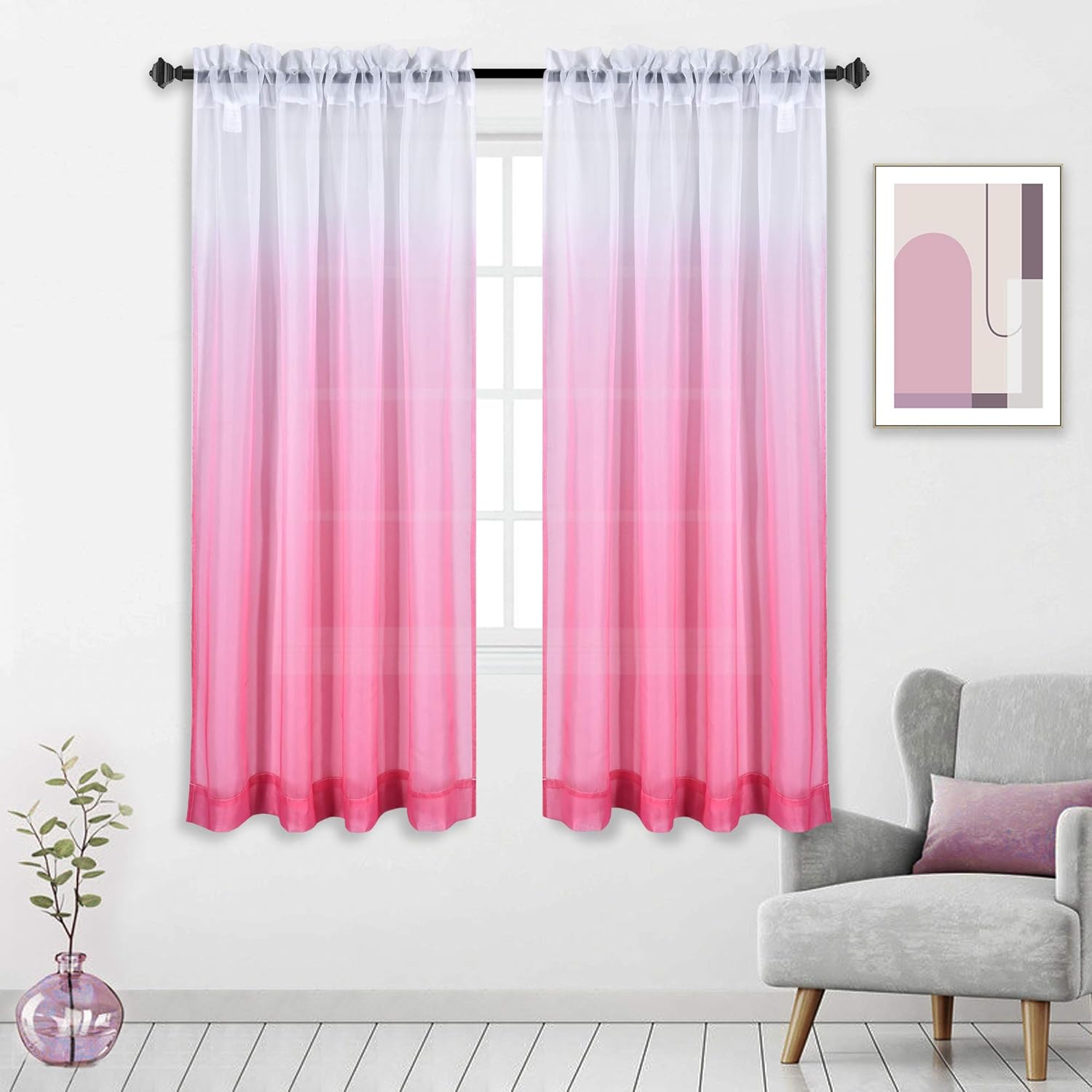 HUTO Cortina transparente rosa para dormitorio de niñas y niños, panel de ventana degradado degradado para princesa, adolescente, hija, armario,