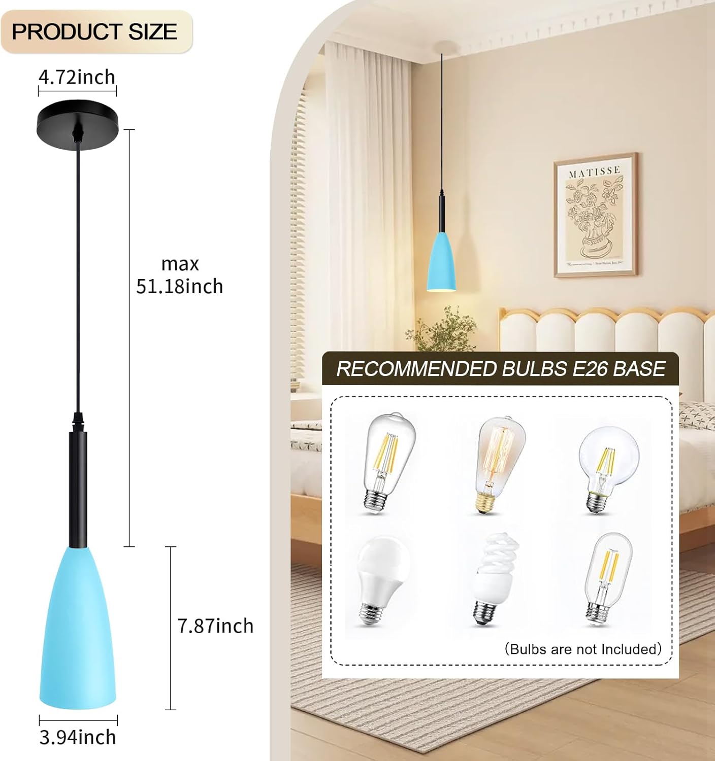Lámpara colgante para isla de cocina, 1 luz colgante de cristal colorido azul nórdico ajustable, luz de techo colgante para mesa de comedor,