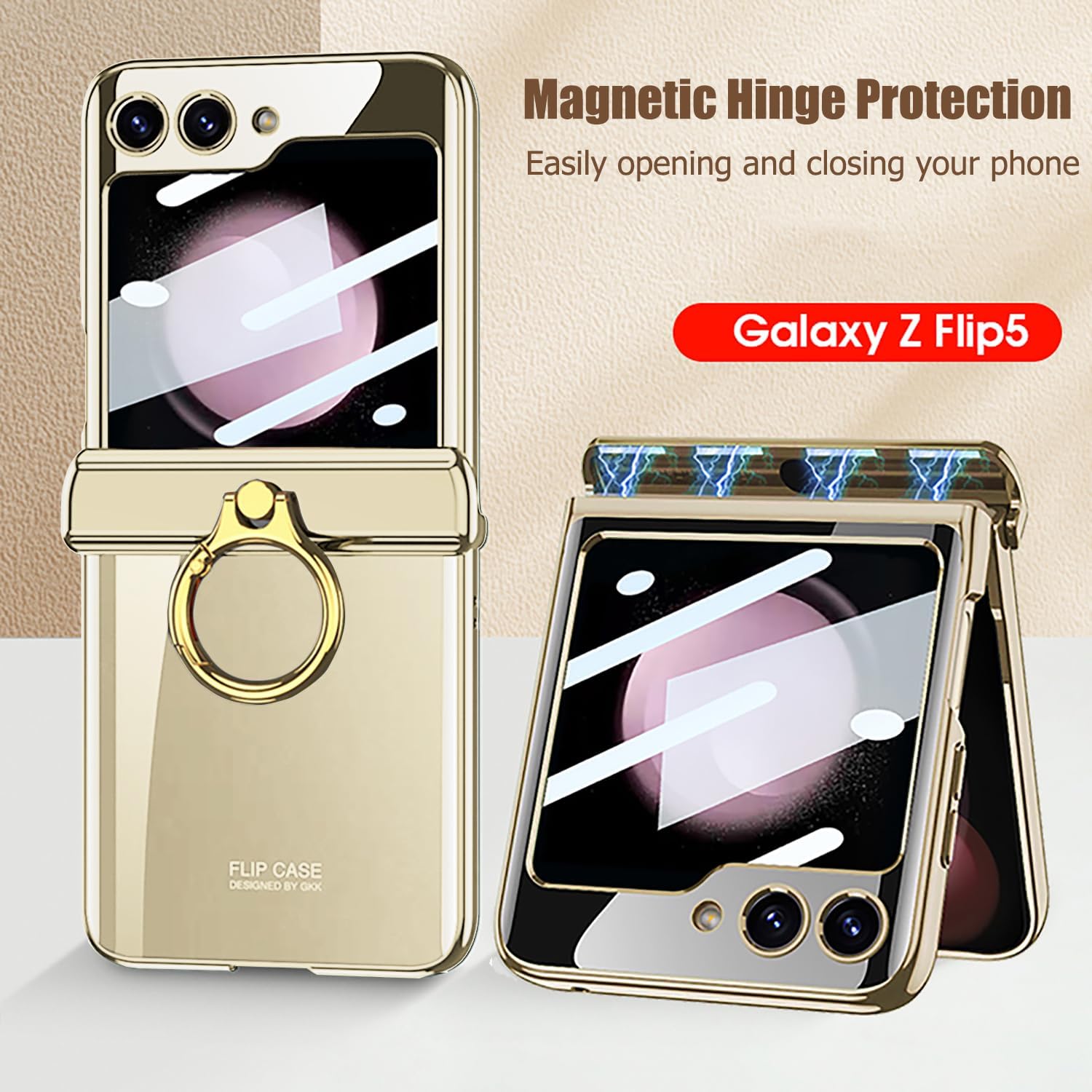 Funda transparente para Samsung Galaxy Z Flip 5 con protección magnética de bisagra, soporte de anillo y protector de pantalla externo,