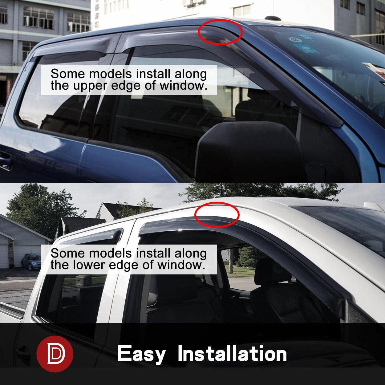 Deebior 94623 Deflector de ventilación de viento para ventana lateral, 4 piezas de montaje exterior con cinta adhesiva, protector de lluvia para