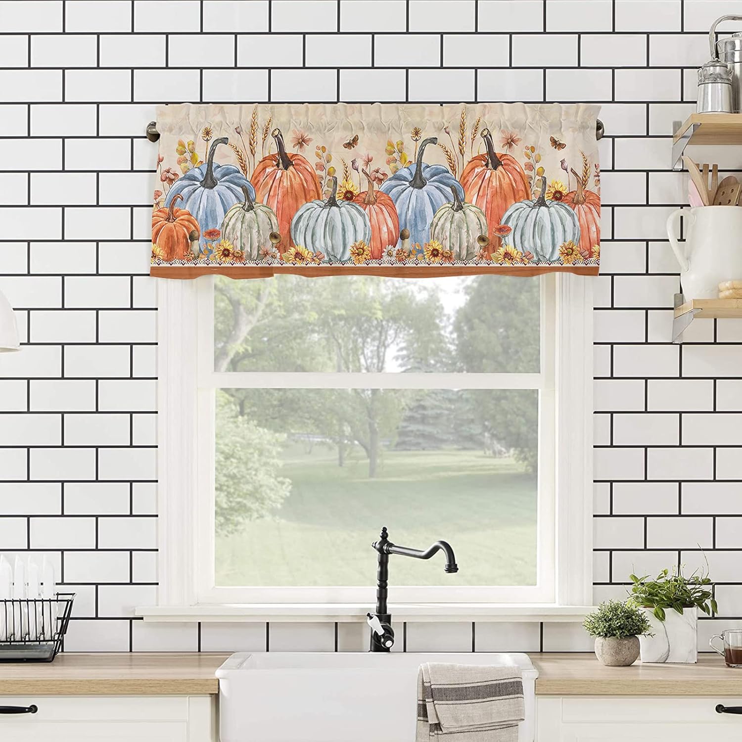 Cortina decorativa de cocina otoñal, cenefas con bolsillo para barra, tratamiento de ventana pequeña para dormitorio, hojas de calabaza, aislamiento