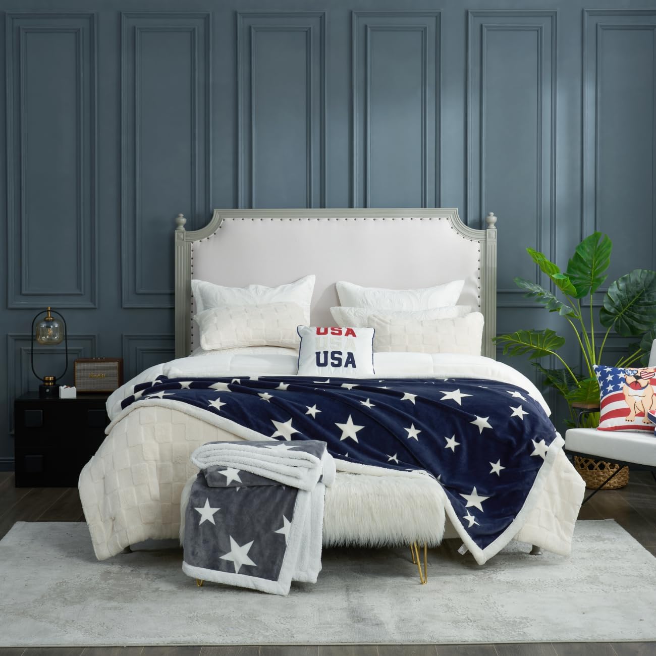 Cozy Bliss Manta gruesa y cálida de forro polar Sherpa con estrellas, manta patriótica de doble cara, esponjosa, suave y gruesa para sofá, cama y
