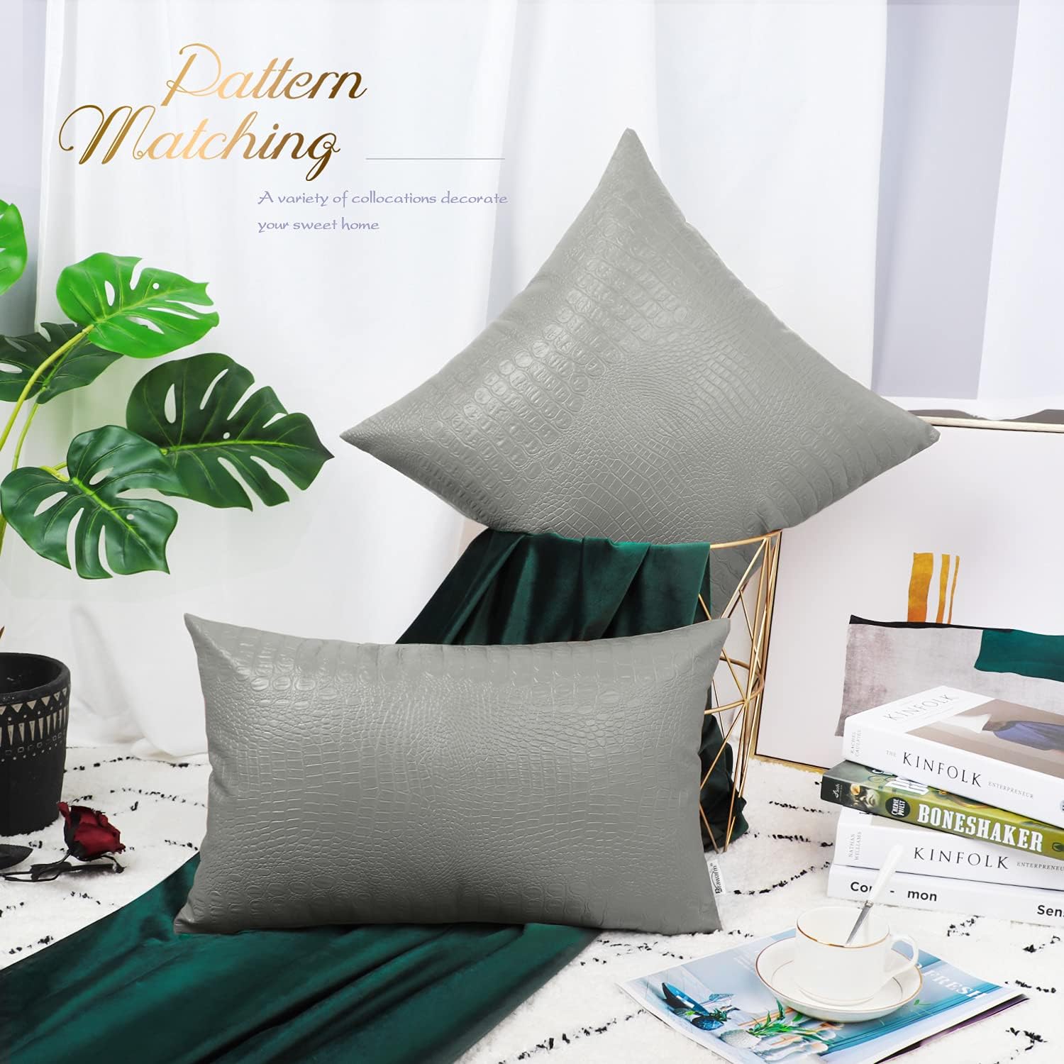 Juego de 2 fundas de almohada BRAWARM para sofá, decoración del hogar, color liso y suave de piel sintética de cocodrilo en ambos lados.