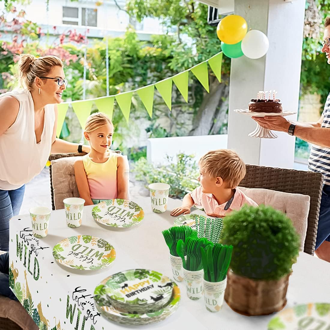Juego de vajilla de decoración de cumpleaños de safari, suministros de fiesta temática de selva de animales, incluye platos, servilletas, manteles,