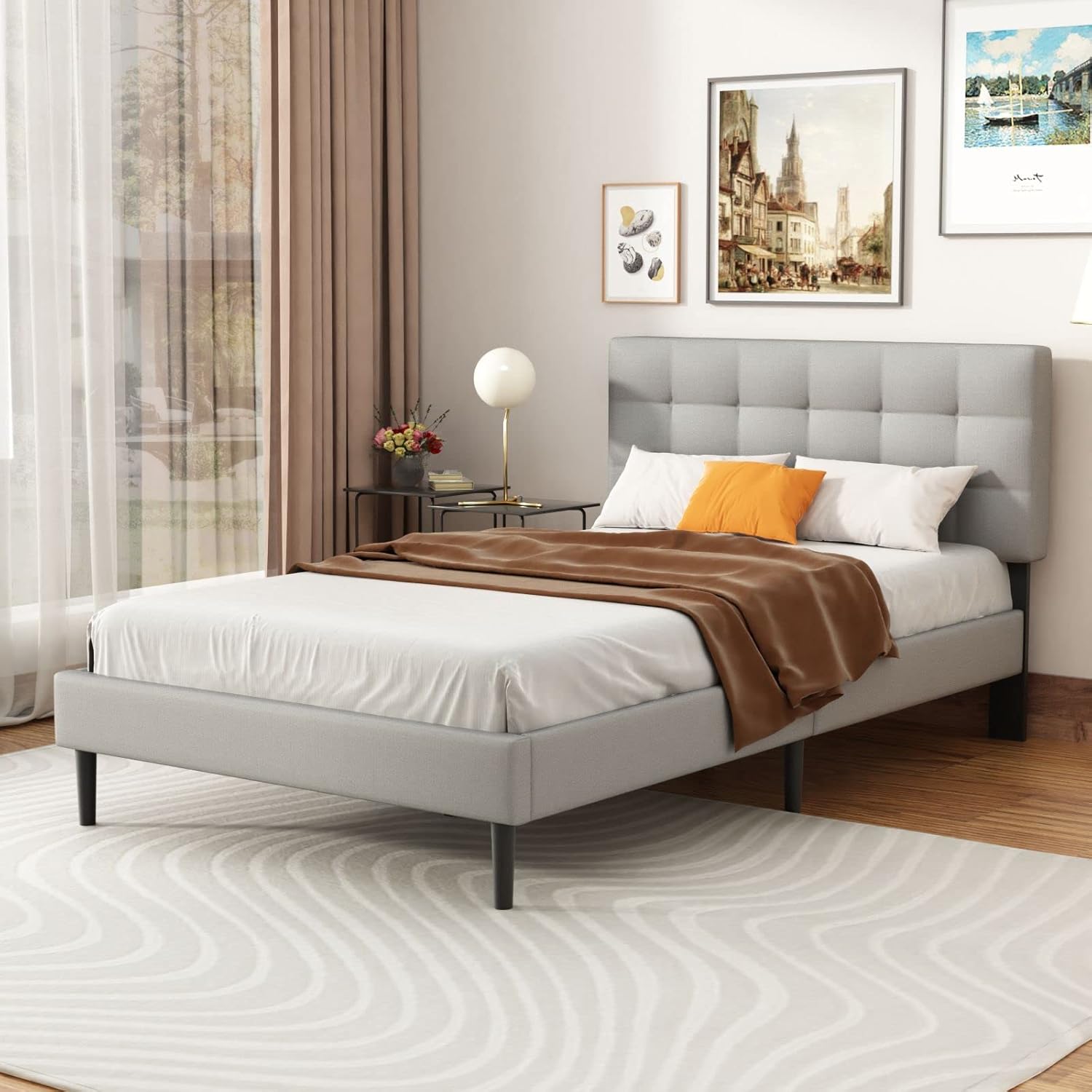 UNIZONE Base de cama tapizada de tamaño matrimonial con cabecera capitoné, cama de plataforma con cabecera de tela de lino, soporte de listones de