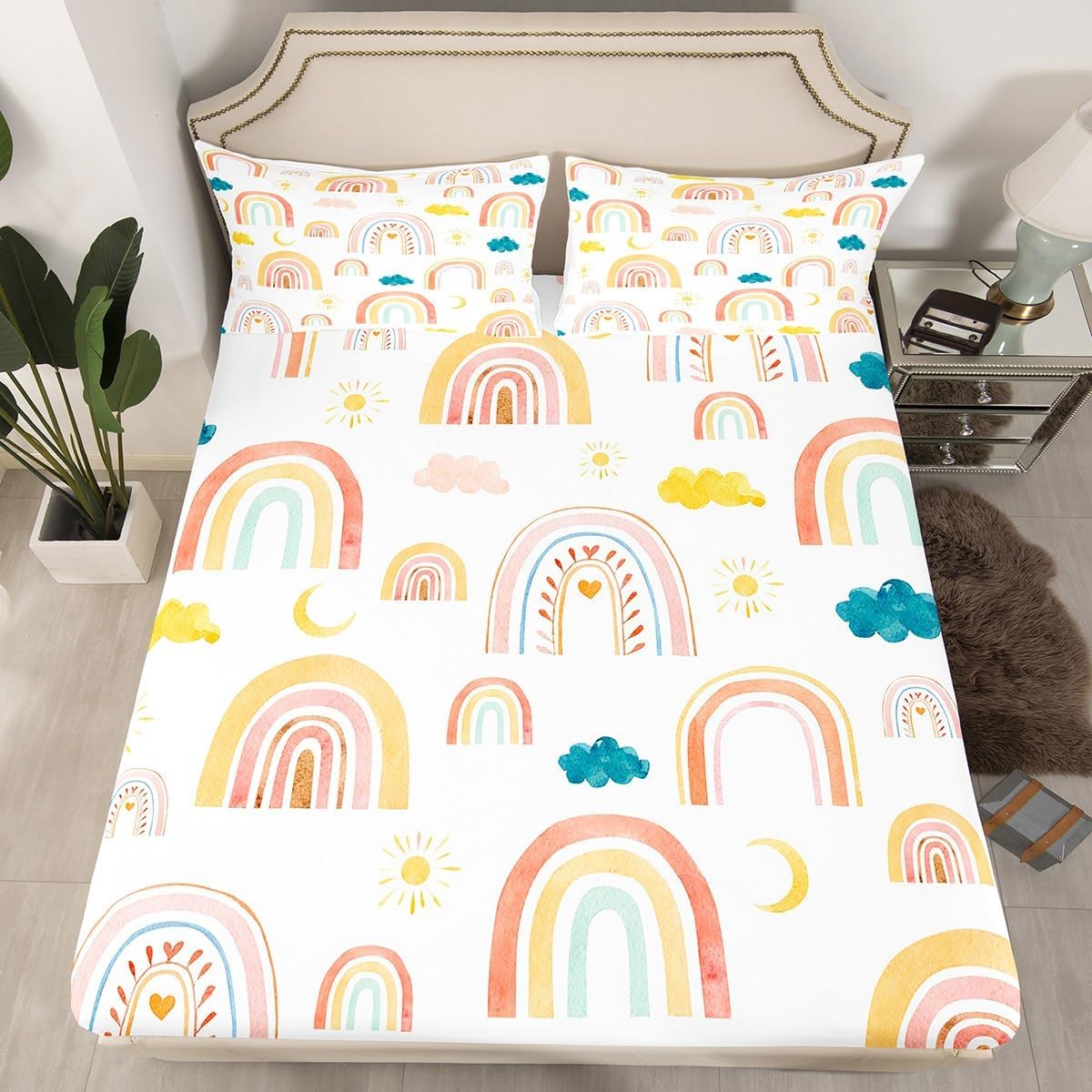 Feelyou Juego de sábanas tamaño matrimonial Kawaii Cloud Rainbow para niños, juego de sábanas para niños, ultra suaves y encantadoras, con bolsillo