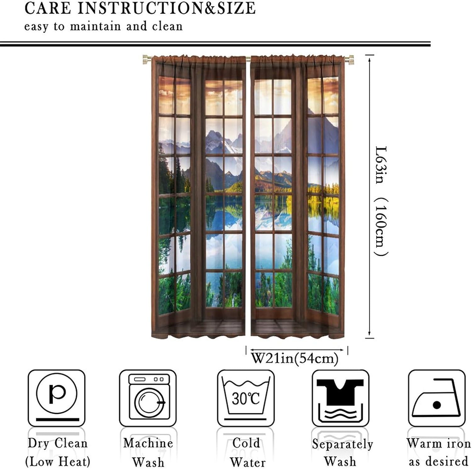Cortinas de paisaje, paisaje natural, temático, bosque, lago, montaña, escena 3D, bolsillo para barra, cortinas opacas para ventana, para