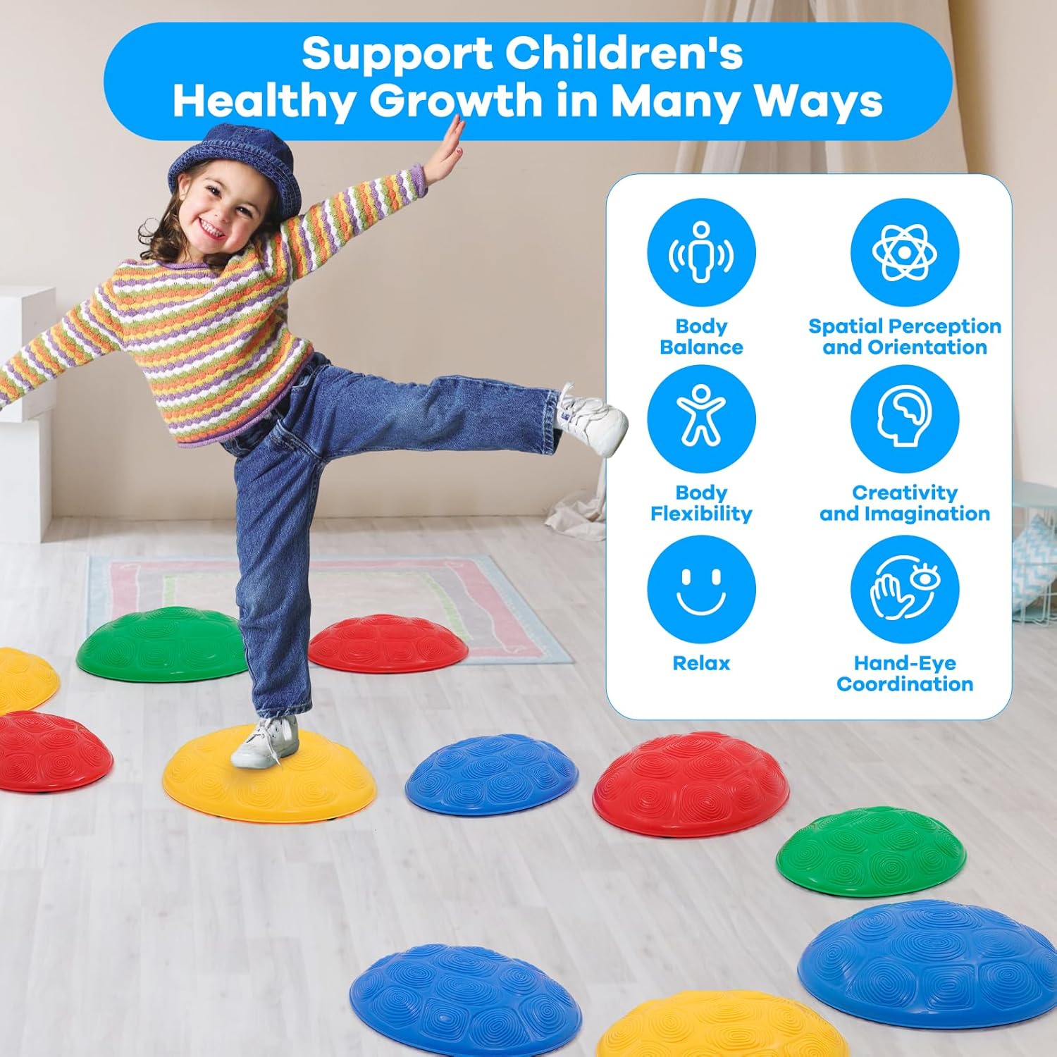 Eapura Juego de 11 piedras de equilibrio antideslizantes para niños, bloques de equilibrio para interiores y exteriores, equipo de fitness para