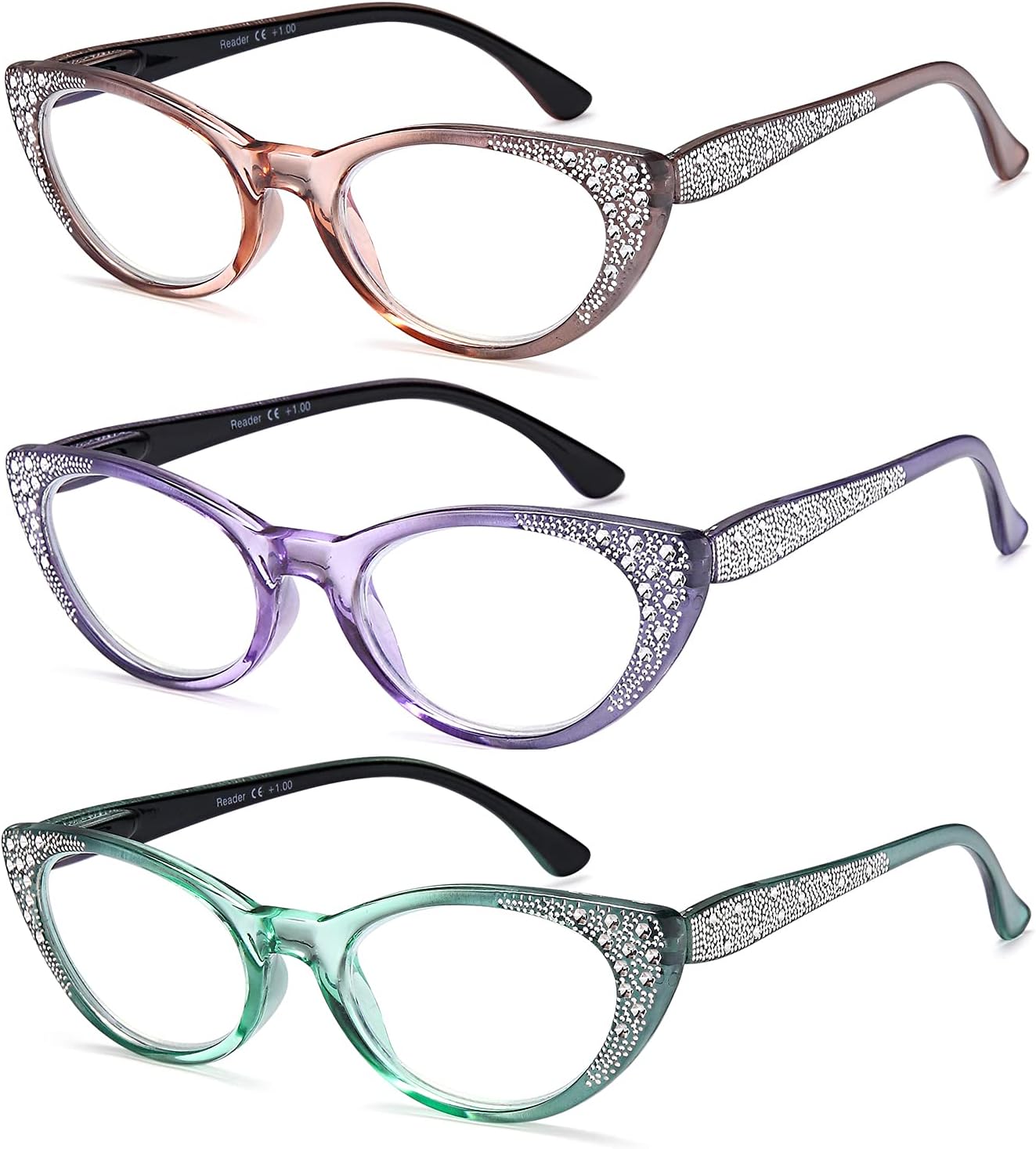 EYEURL Gafas de lectura de ojo de gato para mujer, bloqueo de luz azul, paquete de 3 lentes para lectura de computadora 2.0, bisagra de resorte anti