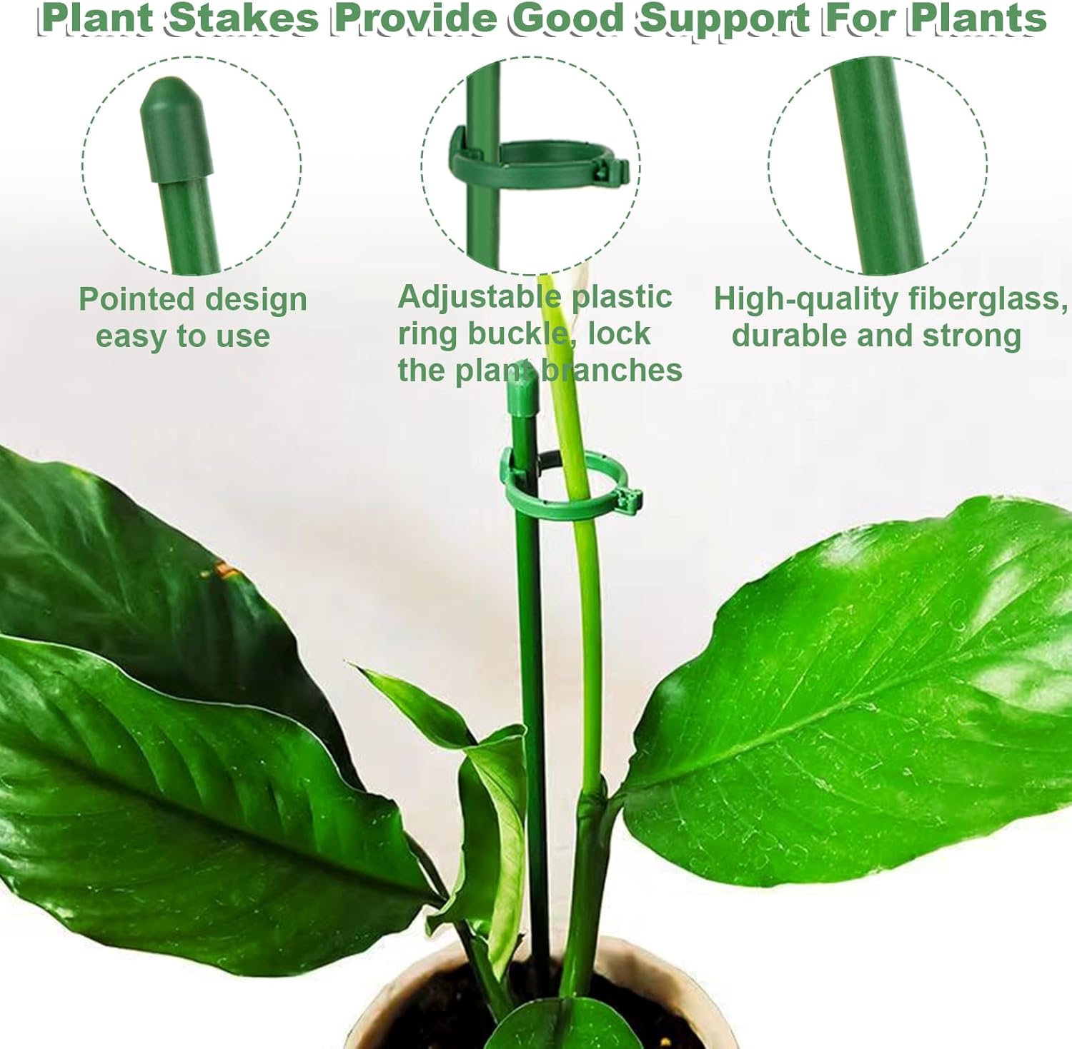 100 estacas de 15.7 pulgadas para plantas de fibra de vidrio verde ajustable para jardín con 100 anillos de hebilla para plantas de interior y