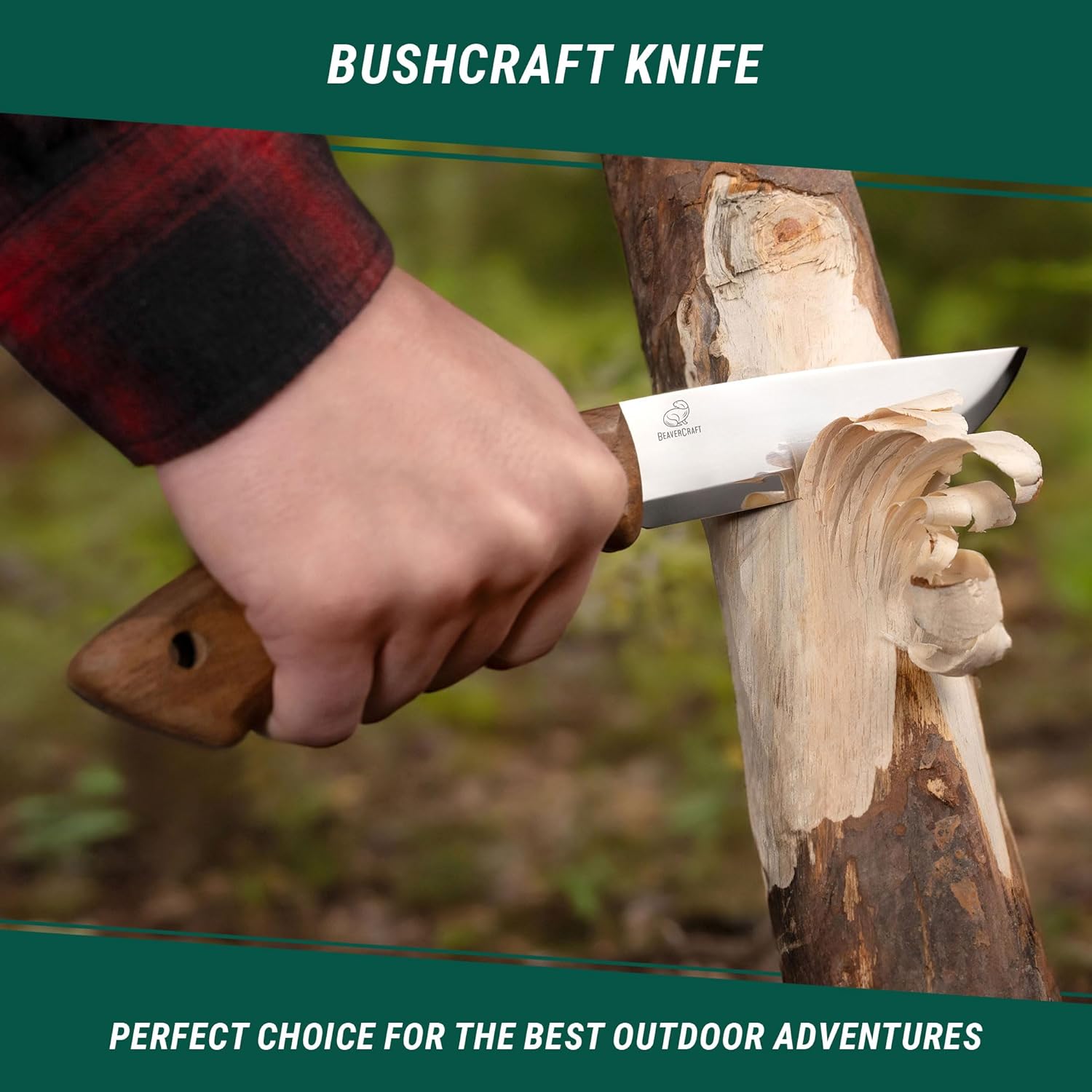 BeaverCraft Bushcraft Cuchillo de hoja fija con funda de cuero, cuchillo de camping, cuchillo de espiga completa, cuchillos de acero al carbono,