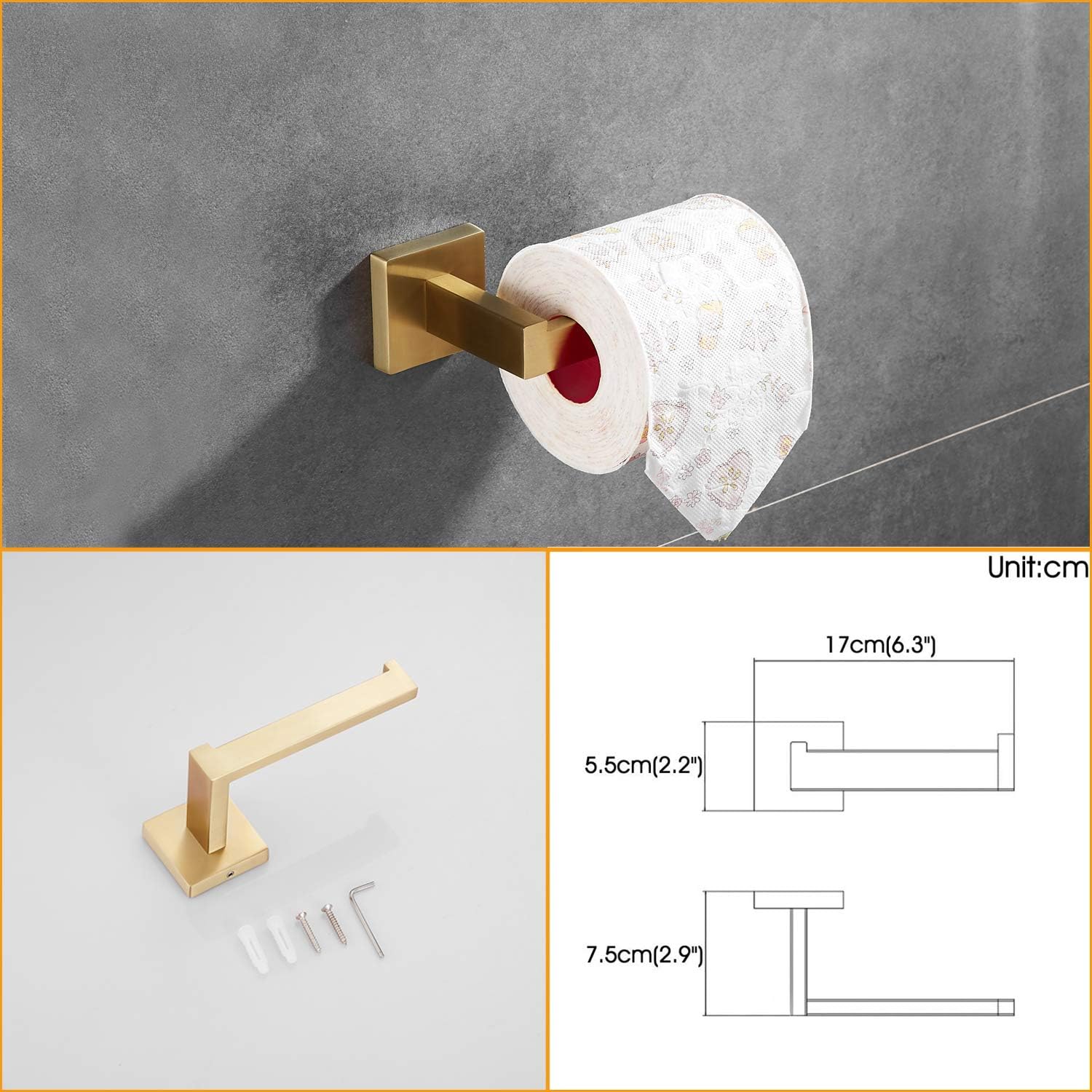 BA199SET-3BG1 – Juego de accesorios de baño dorados de 3 piezas, soporte de papel higiénico dorado montado en la pared + anillo para toalla de