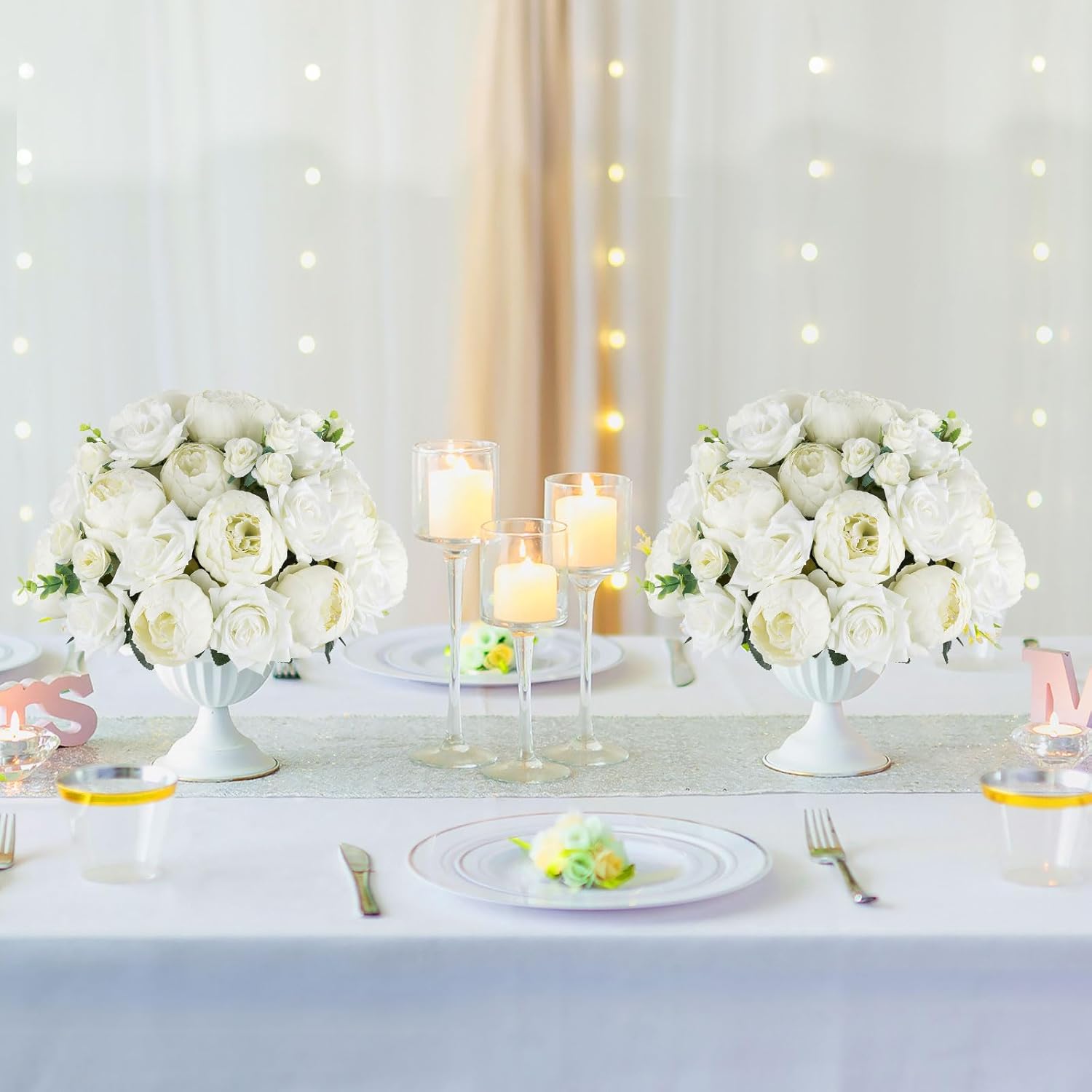 BLOSMON Bolas de flores artificiales, centros de mesa de boda, 10 piezas de 13.3 pulgadas, peonías falsas blancas, decoración para mesa, bola de