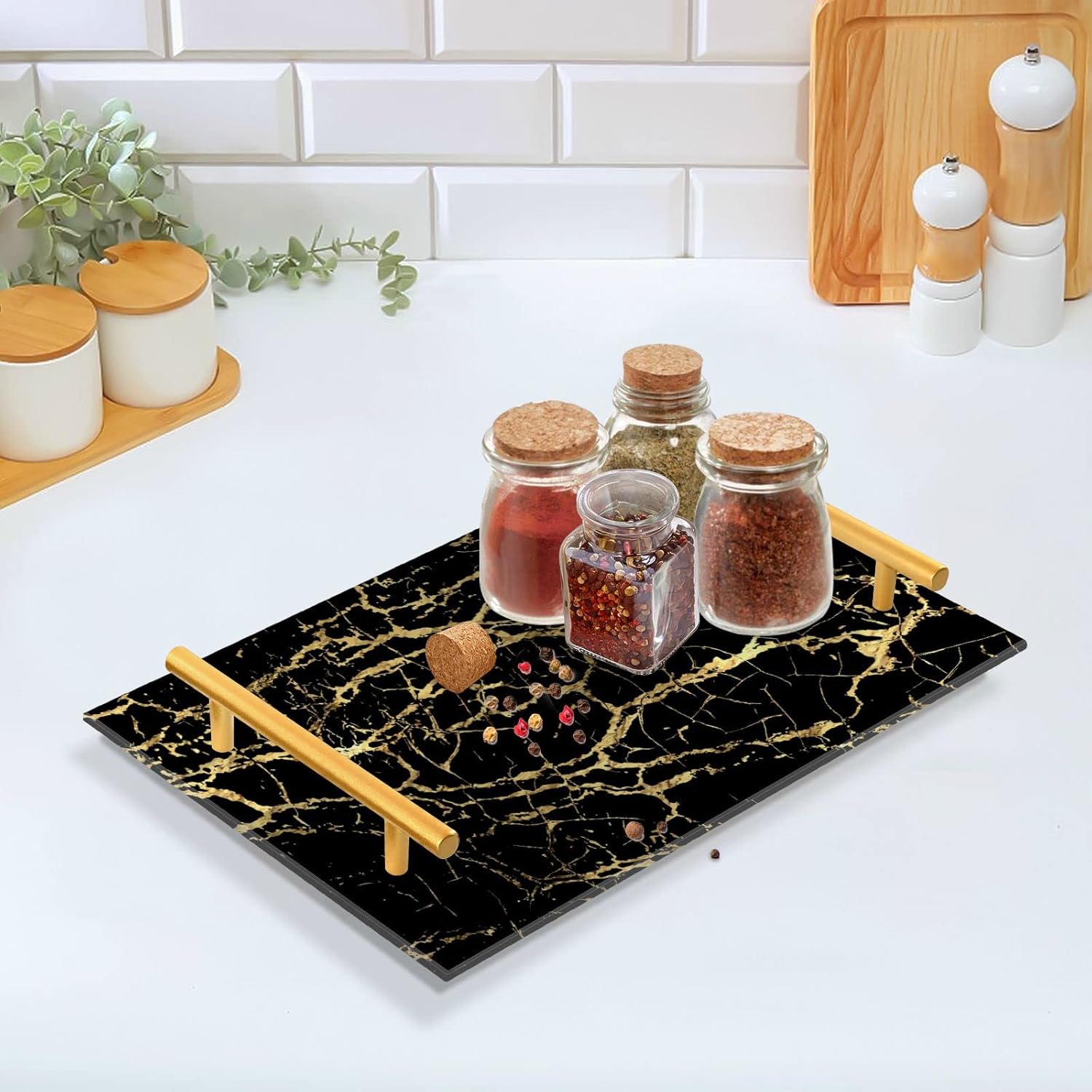 Bandeja de tocador de mármol negro dorado para mostrador de baño, bandeja rectangular de mármol, bandejas decorativas de cocina, bandejas de