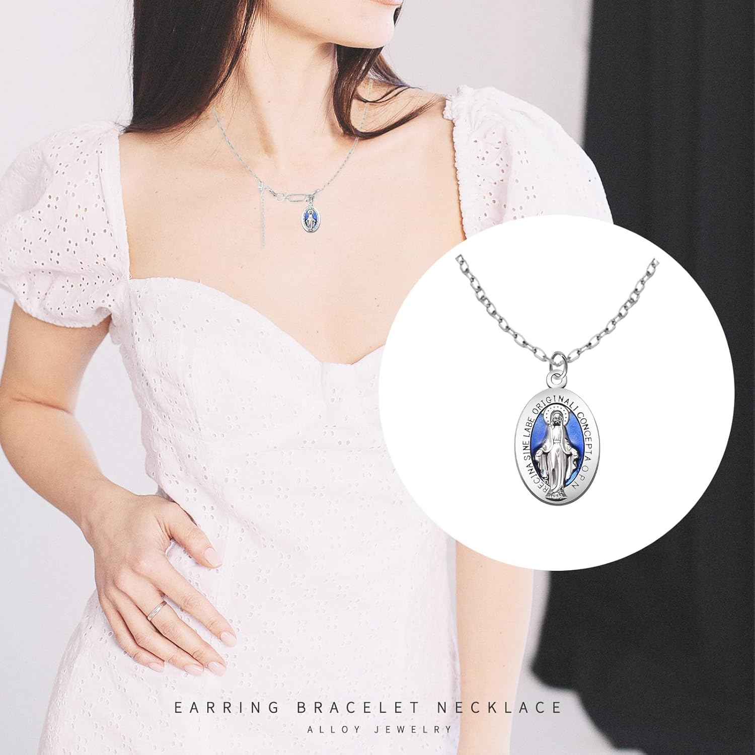 50 piezas de aleación de esmalte azul milagroso medalla ovalada Nuestra Señora Colgantes Virgen María para mujeres y hombres DIY católico collar
