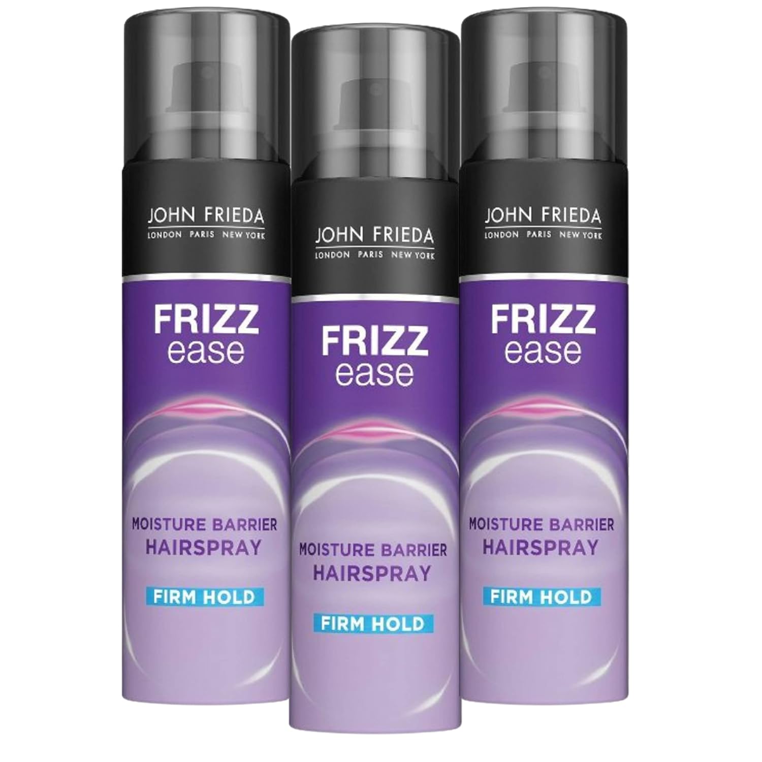JOHN FRIEDA HairSpray Frizz Ease Firm Hold Anti Frizz para cabello seco y dañado LONDON PARIS NEW YORK paquete de 3 2 onzas, tamaño mini, tamaño de