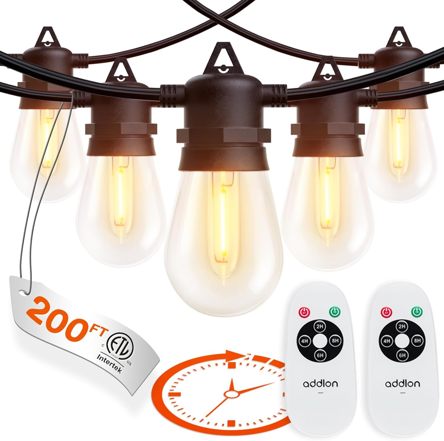 addlon Tira de luces LED para exteriores de 200 pies (paquete de 4 x 50 pies), control remoto con función de temporizador, 60 bombillas Edison