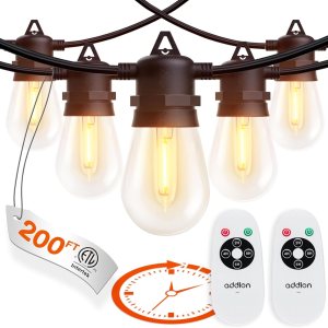 addlon Tira de luces LED para exteriores de 200 pies (paquete de 4 x 50 pies), control remoto con función de temporizador, 60 bombillas Edison addlon Tira de luces LED para exteriores de 200 pies (paquete de 4 x 50 pies), control remoto con función de temporizador, 60 bombillas Edison