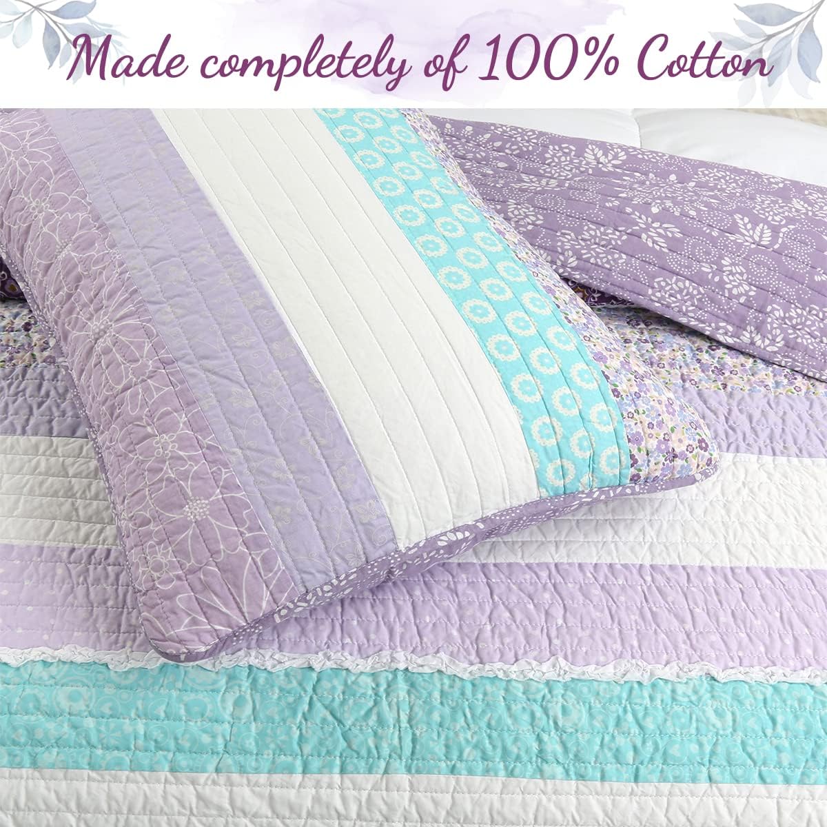 Cozy Line Home Fashions Purple Cosmos Spring Floral Stripe Garden Lavender Teal & White Ruffle Cotton Reversible Juego de ropa de cama