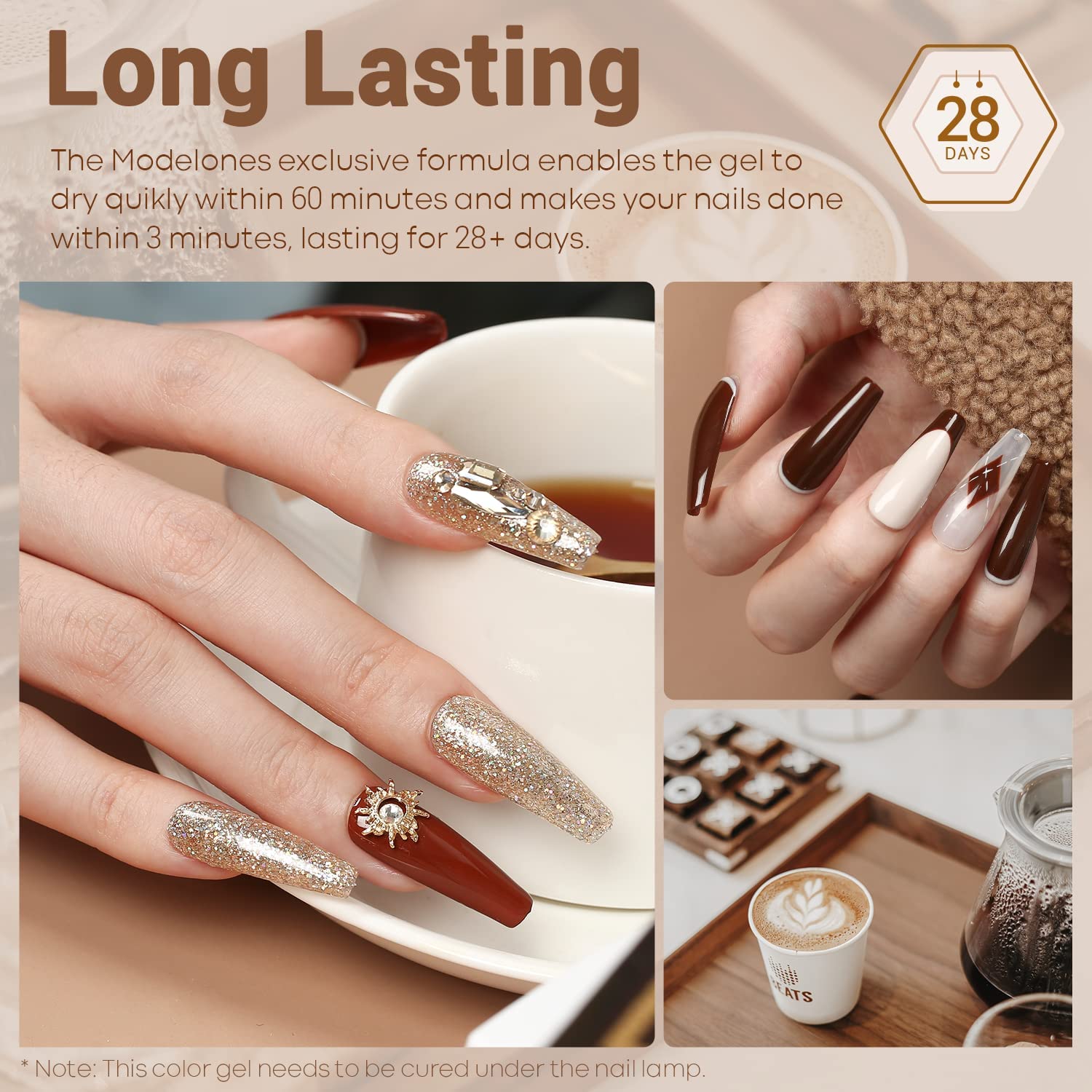 Modelones – Juego de esmaltes para uñas en gel para hacer arte en uñas kit otoñal e invernal de esmaltes en gel en color marrón nude, 12 unidades de