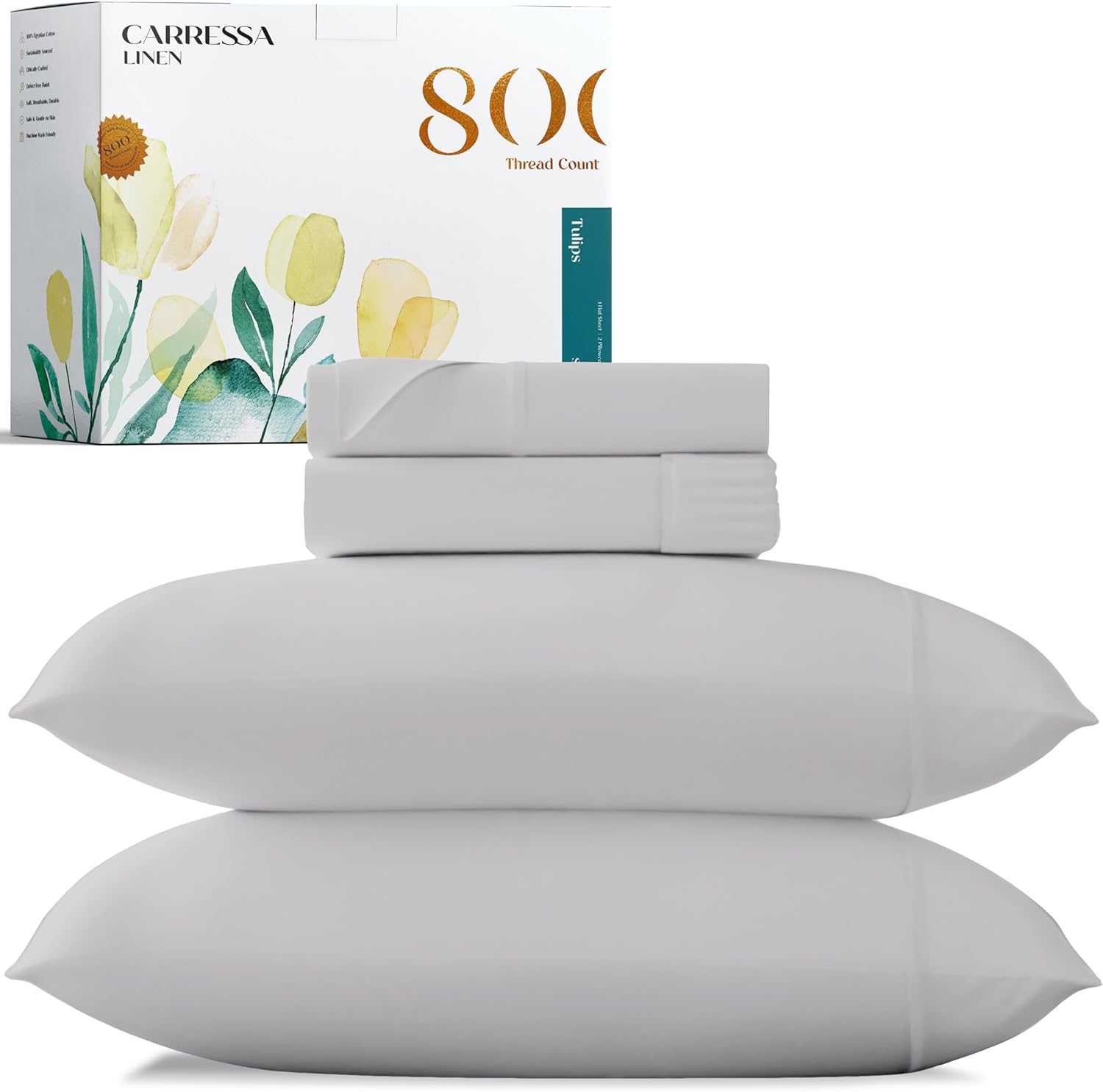 Carressa Linen – Juego de sábanas de 100% algodón (800 hilos), Algodón egipcio, Plateado, Completo