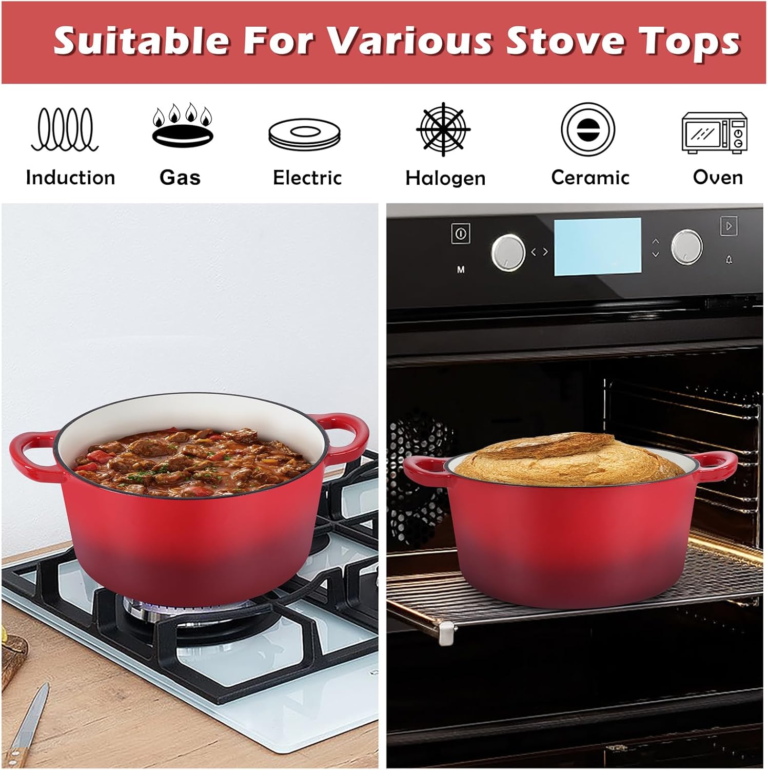 TeamFar Horno holandés de 6 cuartos de galón con tapa, horno holandés de hierro fundido esmaltado, olla antiadherente para cocinar, guisar, estofar,