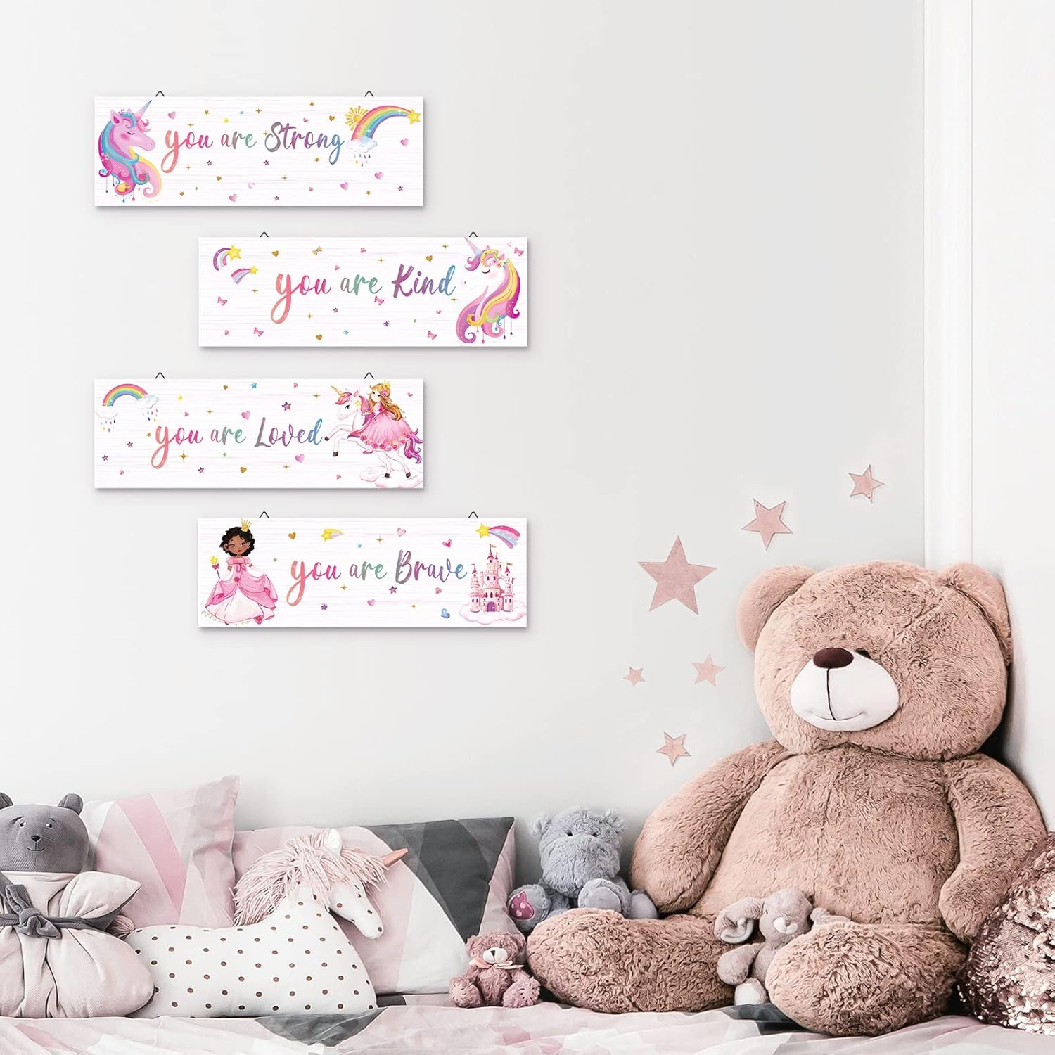 decalmile 4 piezas de unicornio princesa castillo arco iris motivacionales carteles de madera colgantes placa de pared You Are Kind Braved citas
