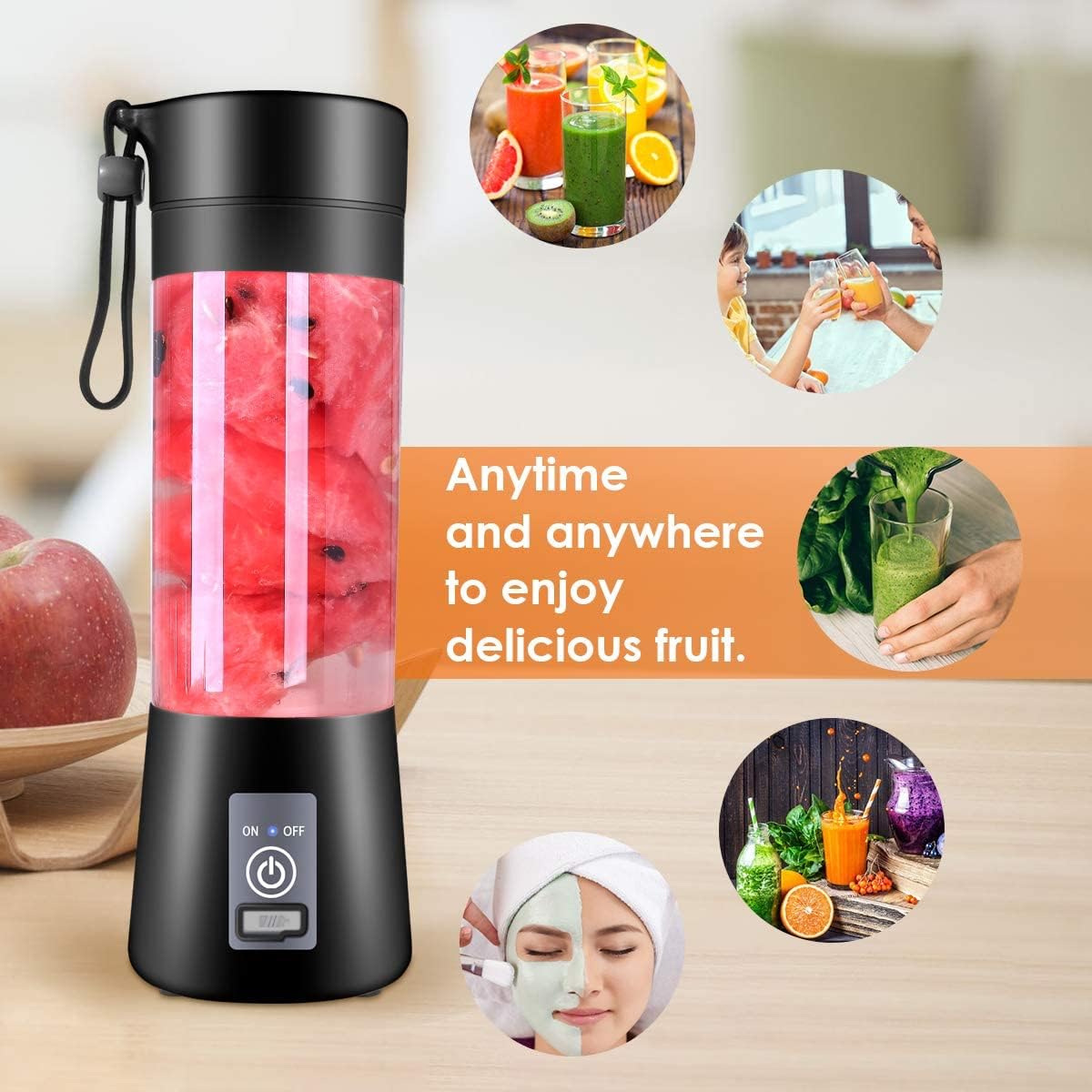 Licuadora portátil, licuadora personal recargable por USB, mini licuadora para batidos y batidos, fuerte potencia de corte con 6 cuchillas, 12.8 fl
