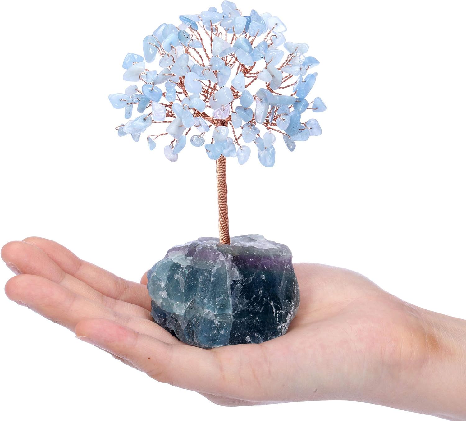 Jovivi Árbol de cristal de aguamarina natural, cristales curativos crudos, base de fluorita, árbol de dinero bonsái para decoración de mesa de