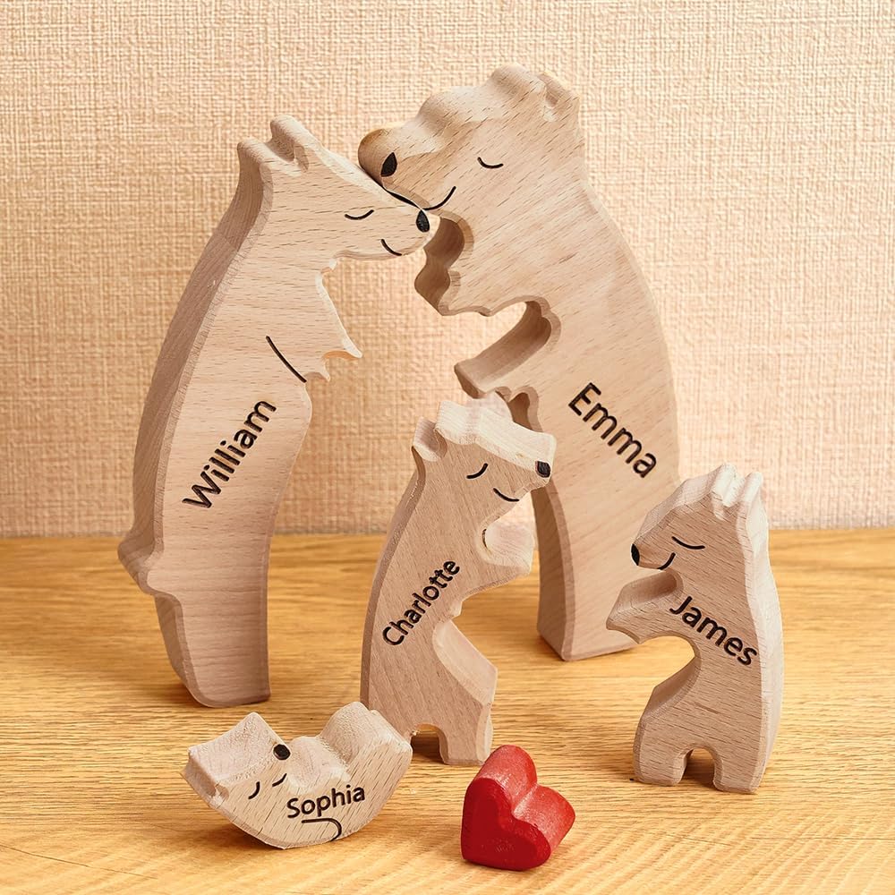 Rompecabezas de oso de madera personalizado con nombre de familia de 1 a 8, escultura de nombre de familia, ideal para Navidad, cumpleaños,