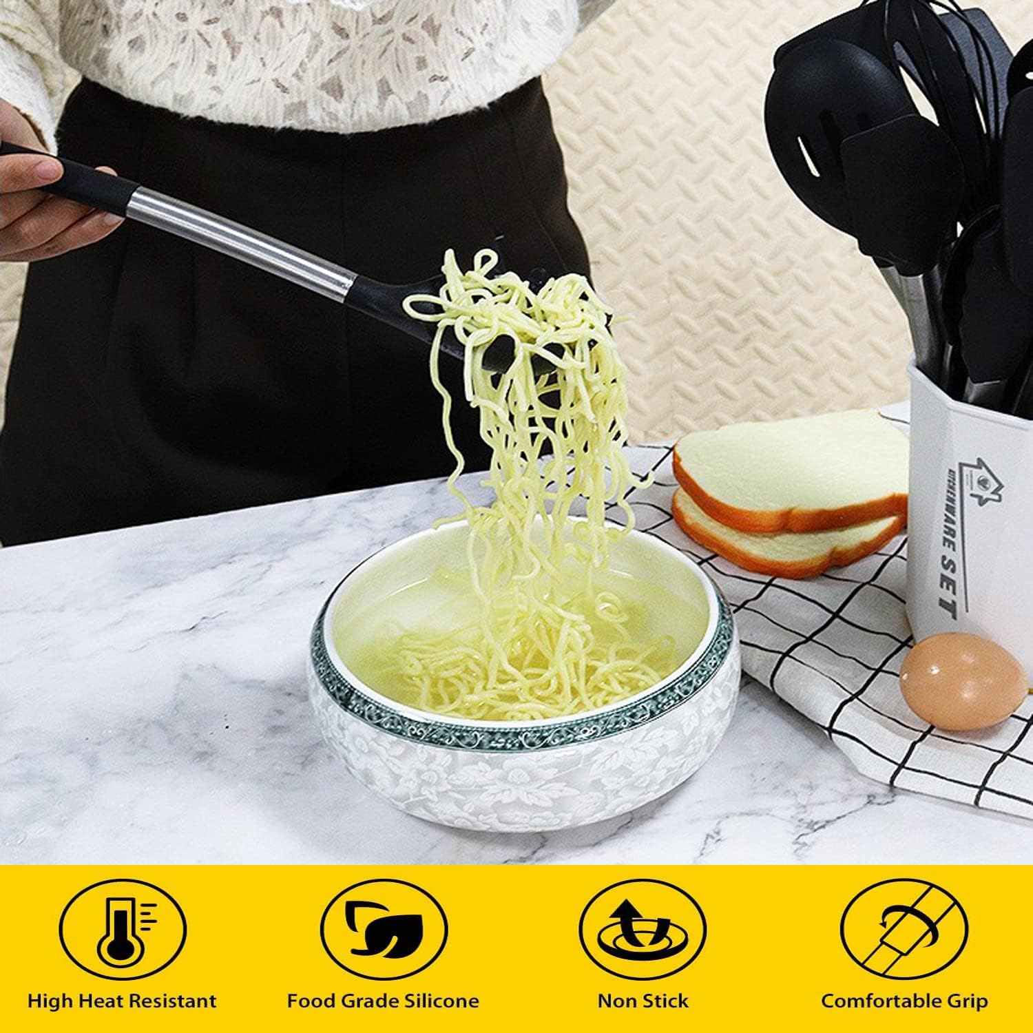 Tenedor de silicona para pasta, cuchara de espagueti, para cocina, resistente al calor, cuchara de pasta de grado alimenticio con mango de acero