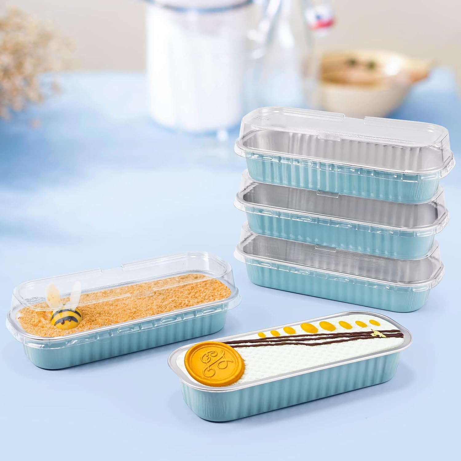Paquete de 50 mini moldes para tartas con tapas, bolígrafos desechables de papel de aluminio para hornear cupcakes con tapa, moldes de hojalata para