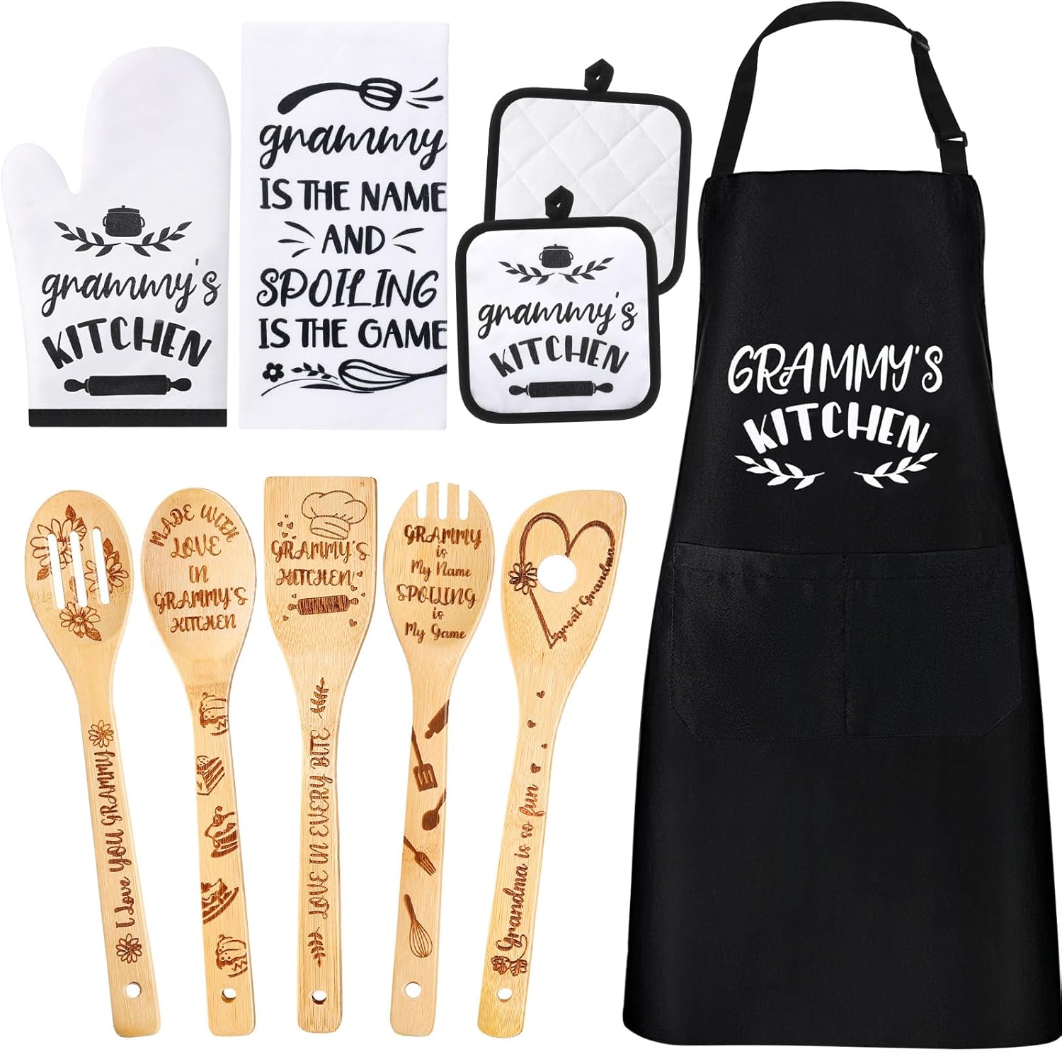 Juego de 10 piezas de regalo de cocina Mimi que incluye delantal de cocina de algodón, manoplas de horno, soporte para ollas de bambú, espátula de
