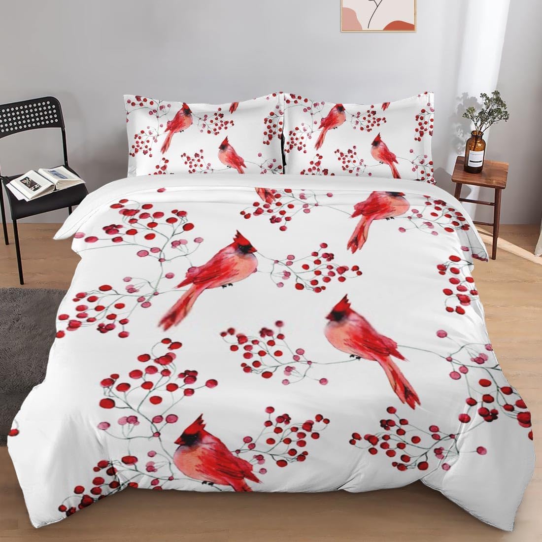Juego de funda de edredón, bonito juego de ropa de cama de invierno con pájaros cardenales para niños y adultos, decoración de dormitorio, juego de