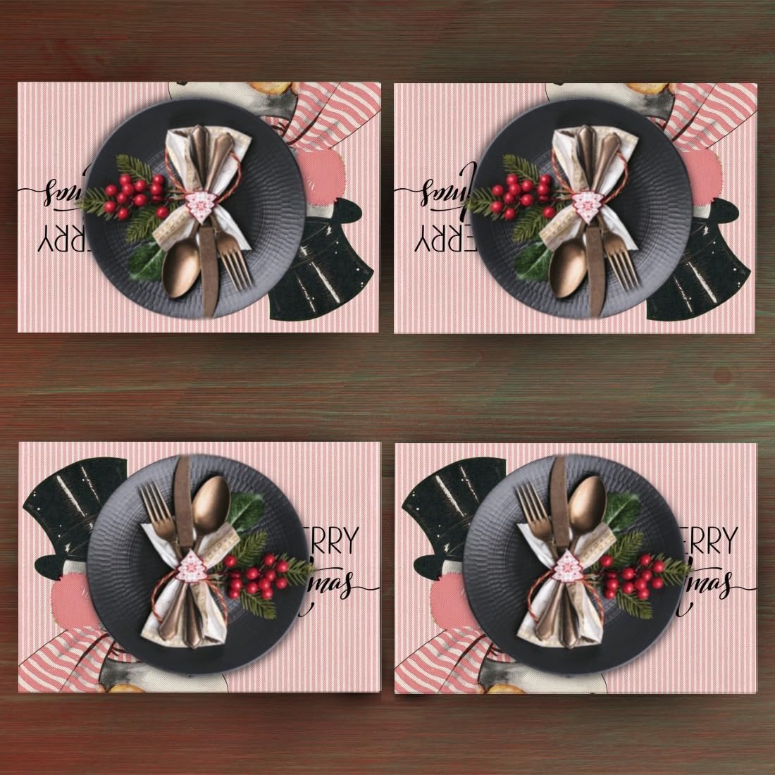 Juego de 4 manteles individuales de Navidad rosa con sombrero negro, muñeco de nieve, pájaro rojo, para cocina, comedor, decoración de fiestas en