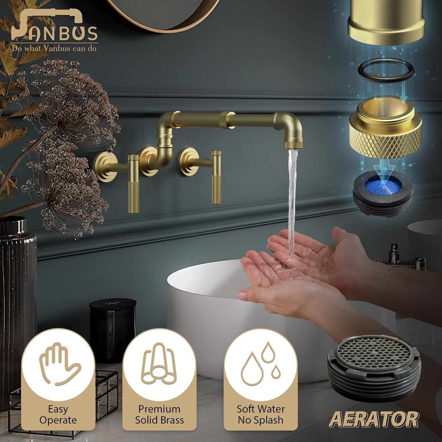 Grifo de lavabo de baño montado en la pared, extensible y giratorio, grifo de pared dorado de 3 agujeros para granja, cámper, lavandería, UTV Rv,