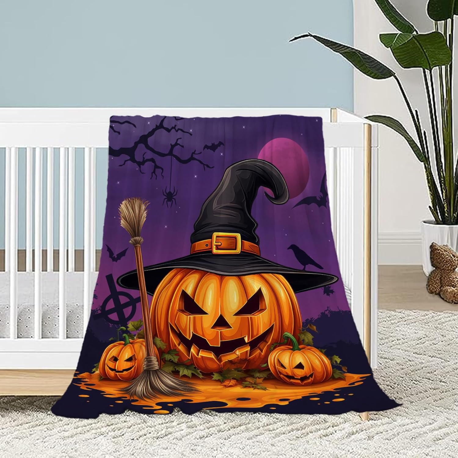 Neatee Living Manta de Halloween con diseño de calabazas moradas, manta de bruja para bebé, manta para mascotas, ligera, mullida, suave, manta de