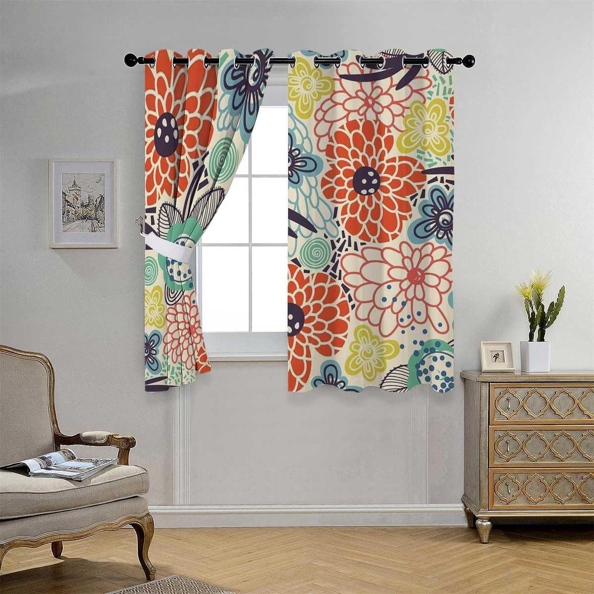 YANFENQI Cortina para Dividir Habitacion Retro Floral Graffiti con ojales para puerta corta, cortinas currains de 55 pulgadas de ancho por 45