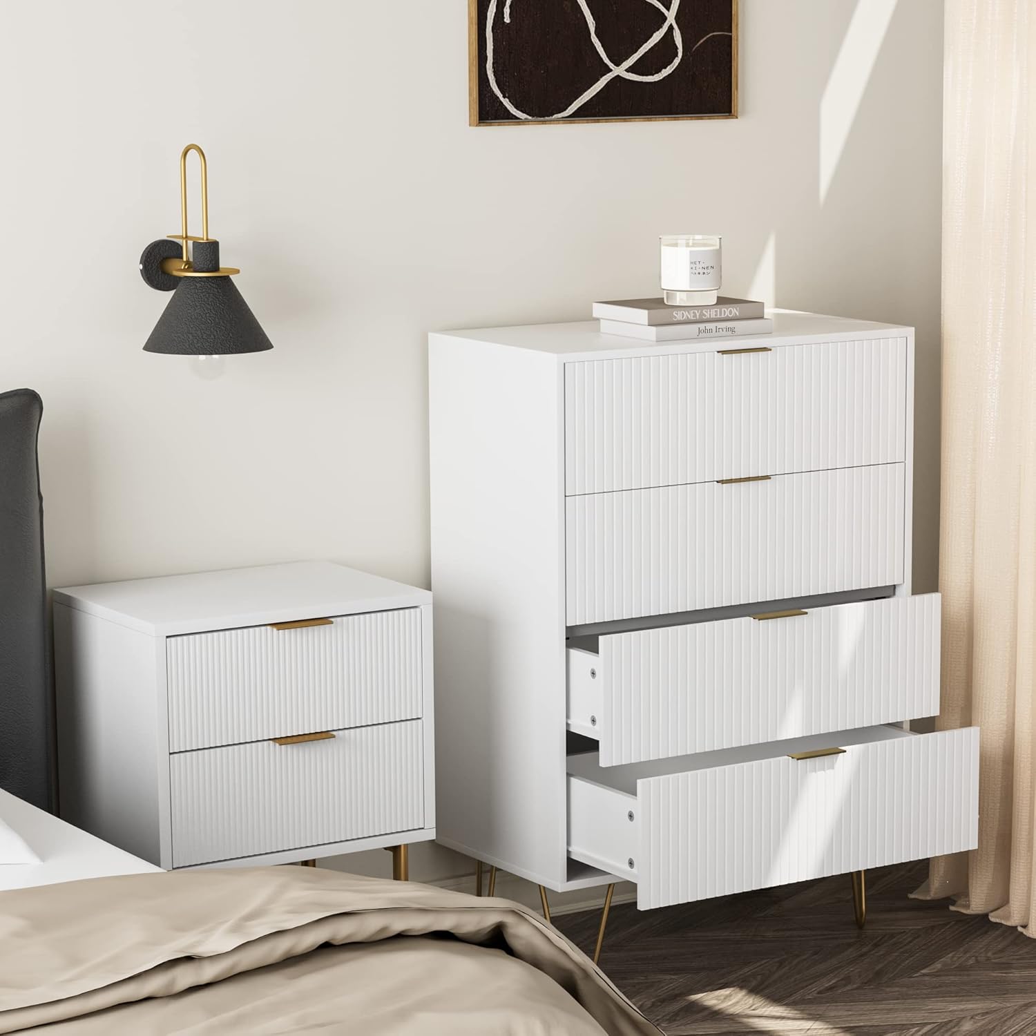 Cómoda de 4 cajones, cajón, armario de almacenamiento alto con patas de metal, cómoda pequeña para dormitorio, sala de estar, armario, pasillo,
