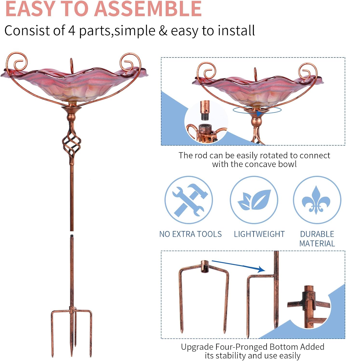 VCUTEKA Baño para pájaros, bañeras de cristal para pájaros para exteriores, comedero de pájaros con estaca de metal, decoración de jardín, 31