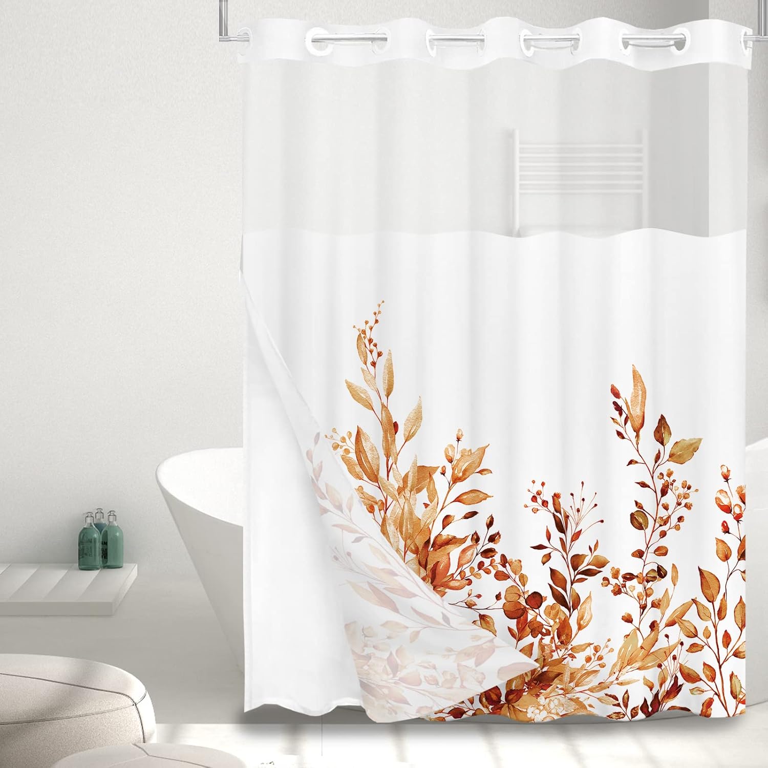 Tititex Juego de cortinas de ducha sin ganchos con forro de hojas de eucalipto naranja, doble capa de lujo, tela impermeable y transparente para