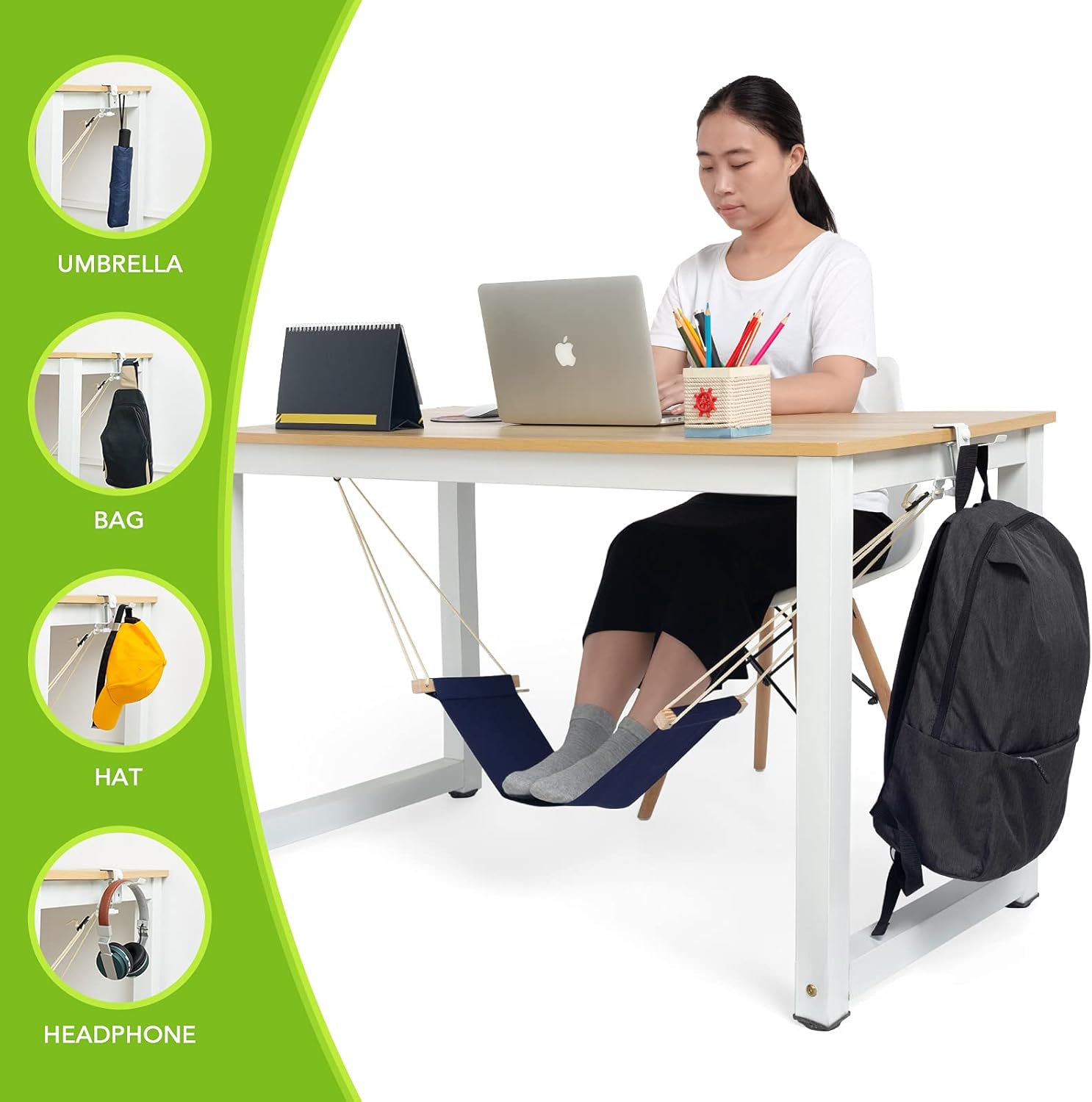 iMissiu Reposapiés de oficina ajustable  Hamaca portátil debajo del escritorio con soporte para auriculares (azul)