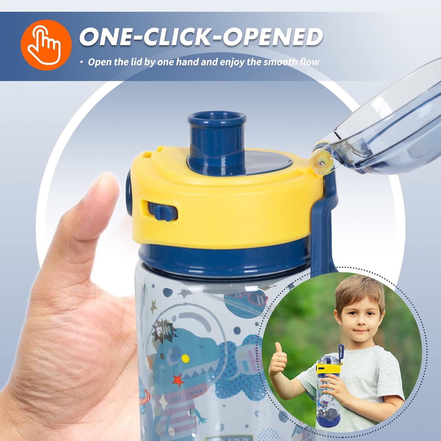 Botella de agua para niños con cordónfunda para niños y escuelas, 20 onzas, sin BPA, apertura de un clic, tapa abatible con cierre a prueba de fugas