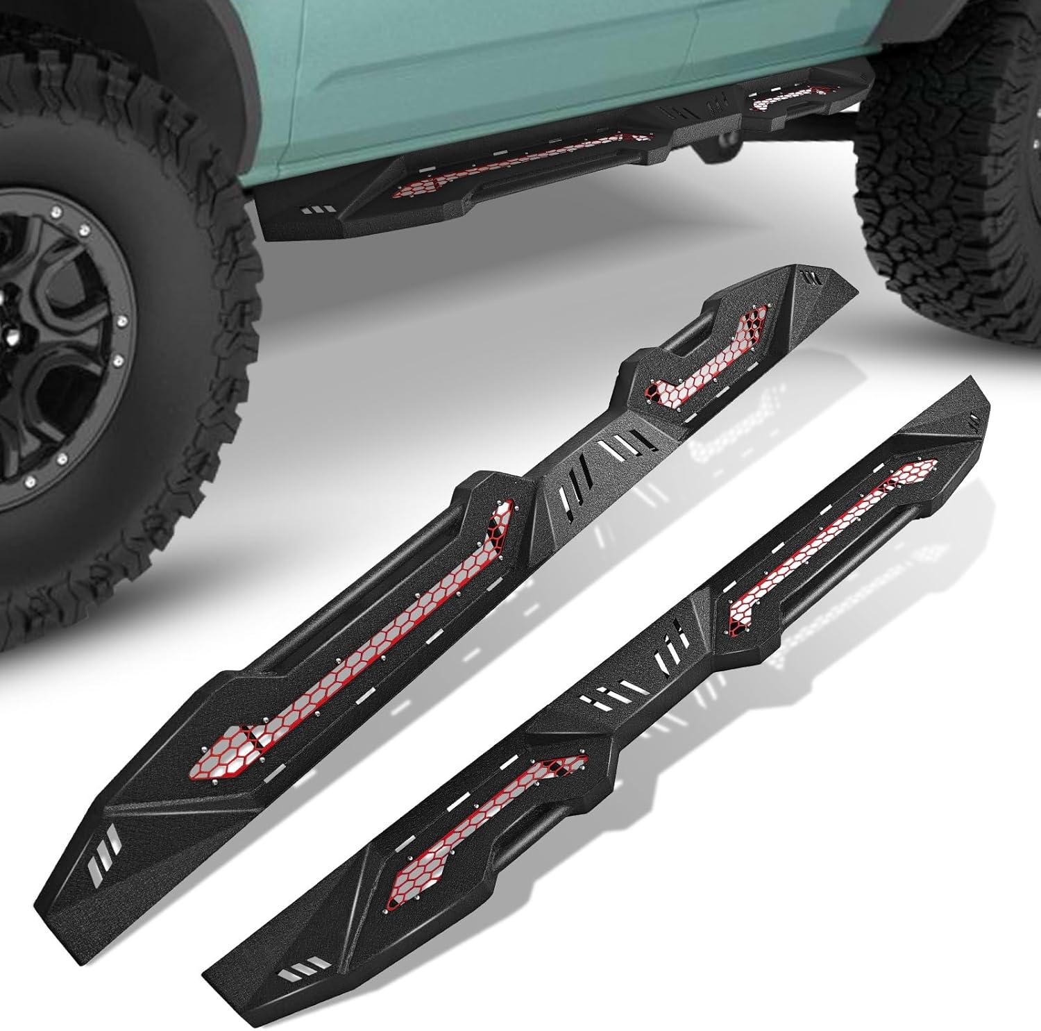 SUORTO – Estribos laterales compatibles con Ford Bronco de 4 puertas 2021 2022 2023 2024, barras Nerf de acero resistente para pintar, placas