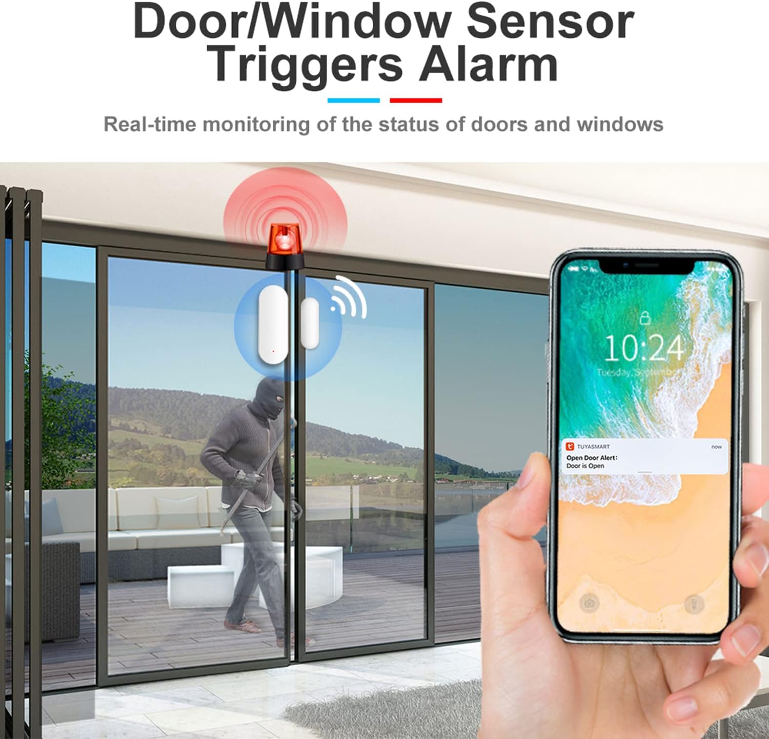 Sensor de ventana de puerta WiFi sensor de contacto inteligente con alertas de aplicación, detector de apertura de puerta compatible con Alexa