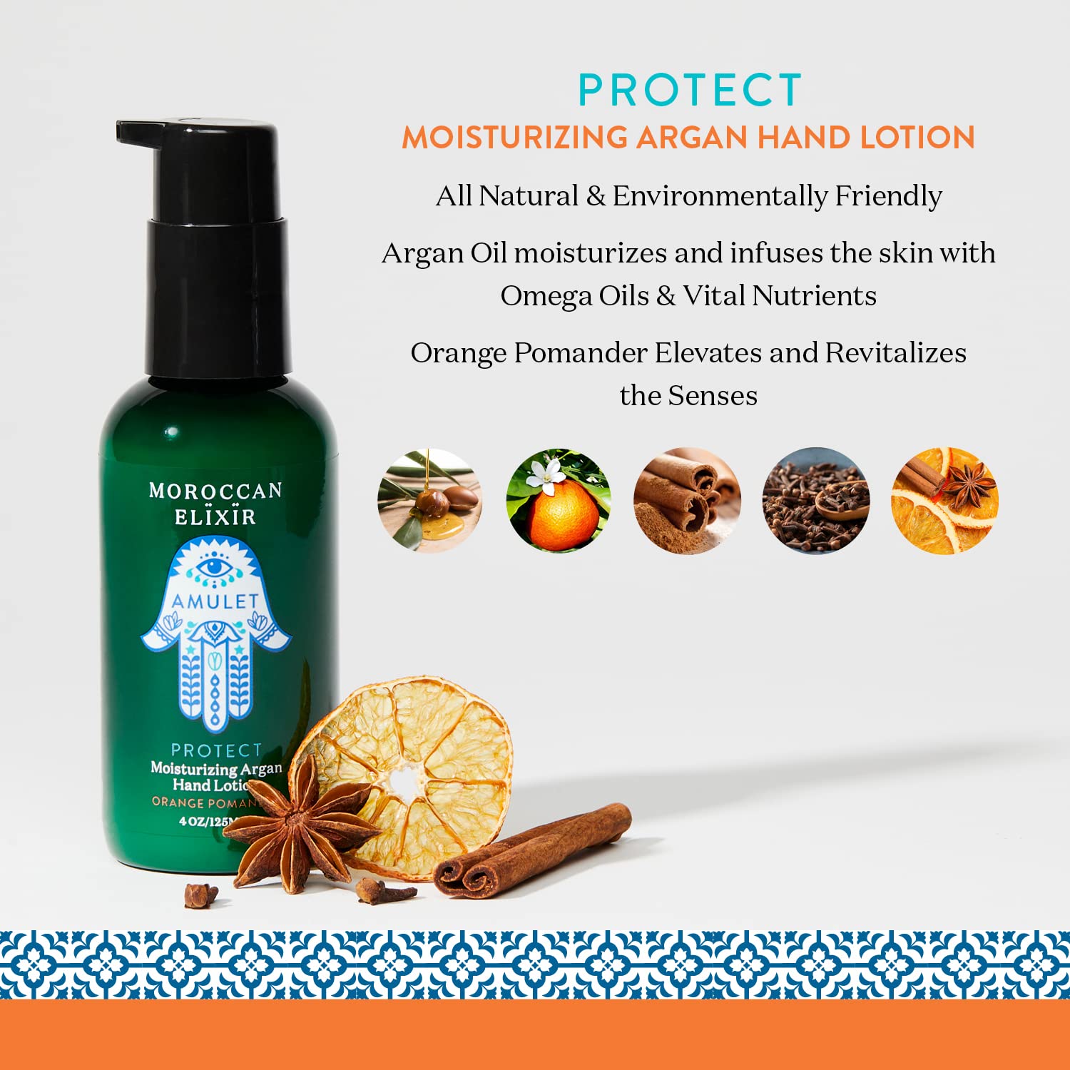 Protect Argan Loción para manos con pomandro de naranjaabsorción rápida, nutritiva, suavizante e hidratante  Enriquecida con aceites omega