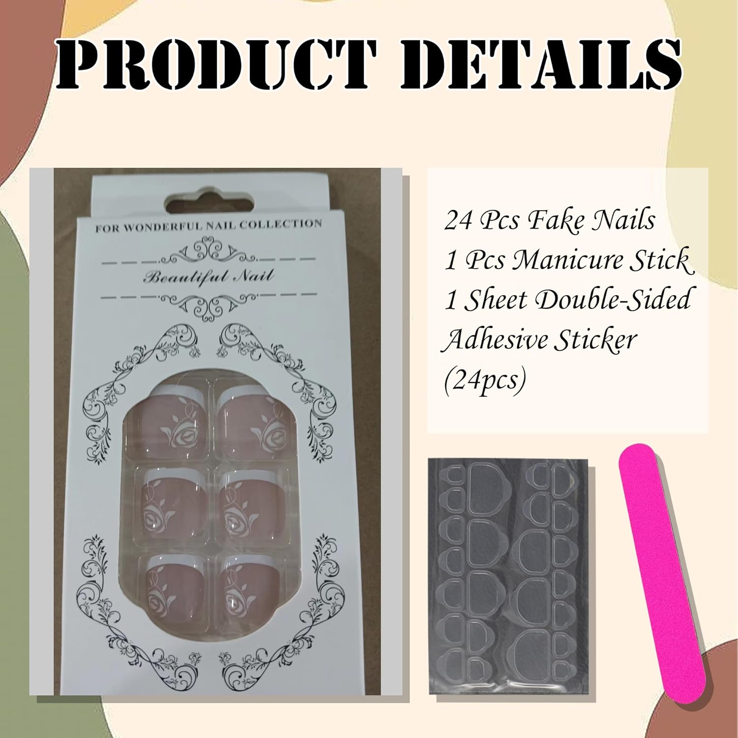 RODAKY Uñas postizas cuadradas francesas para mujer, con borde blanco francés, de cobertura completa, color rosa, flores, uñas postizas, uñas de
