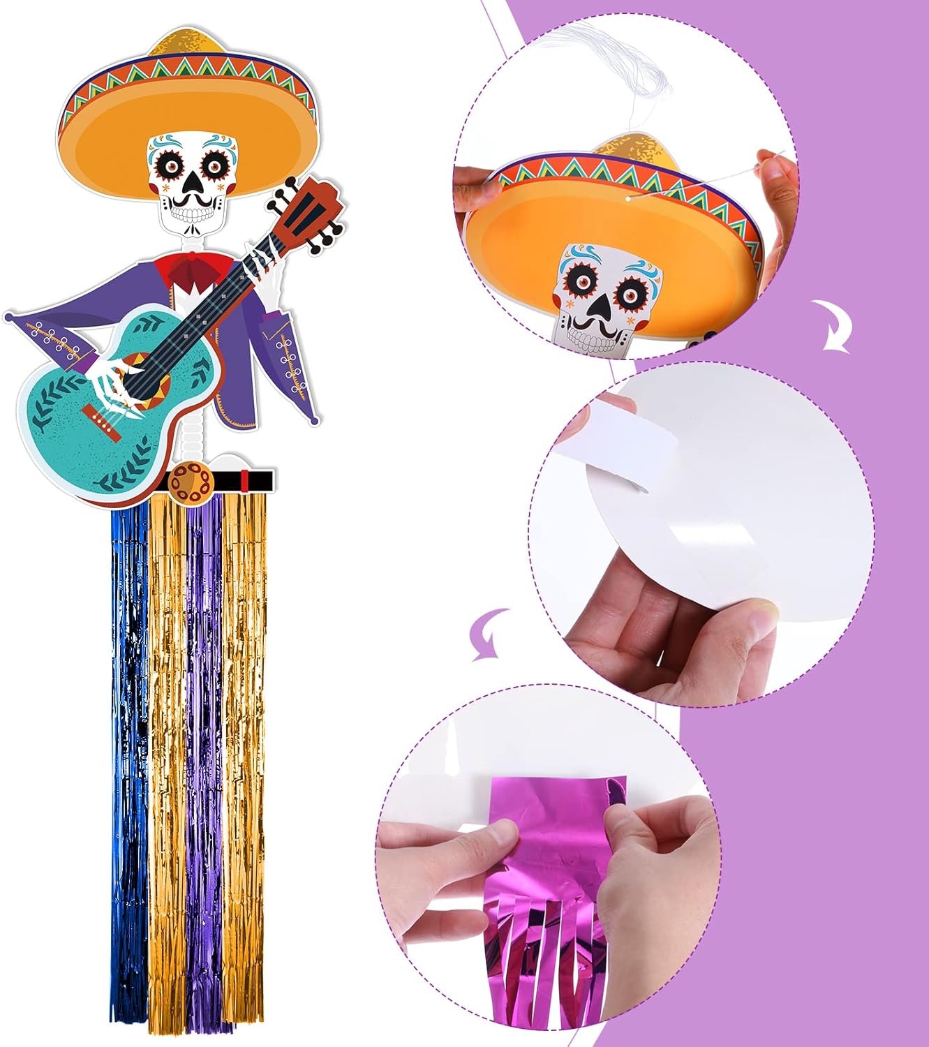 TaoBary Juego de 15 decoraciones del Día de los Muertos de 34 pulgadas, decoración colgante de calavera de azúcar de 16.4 pies, pancartas de papel