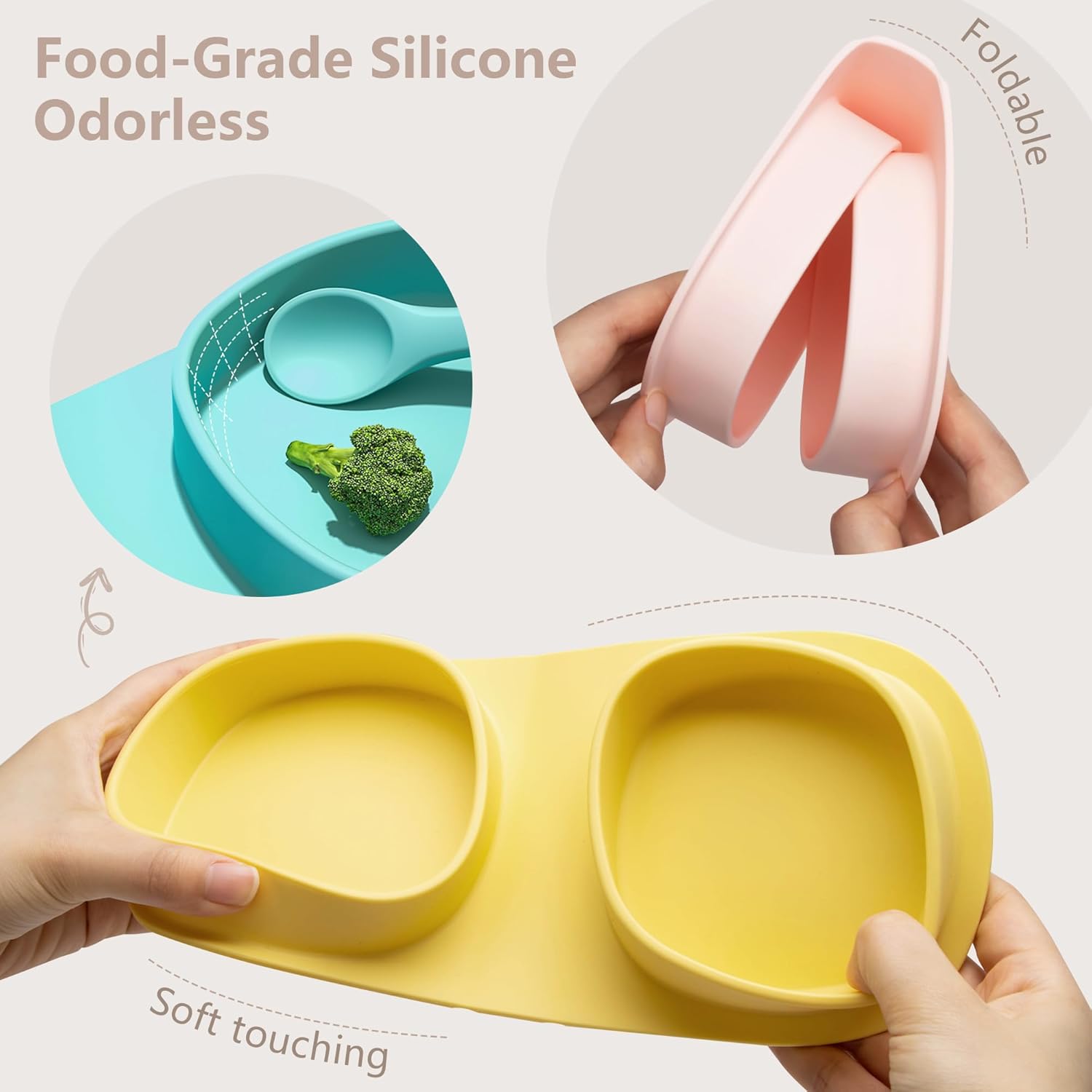 Plato plegable de silicona para bebés, plato antideslizante de agarre dividido 2 en 1, juego de alimentación para entrenamiento de autoalimentación